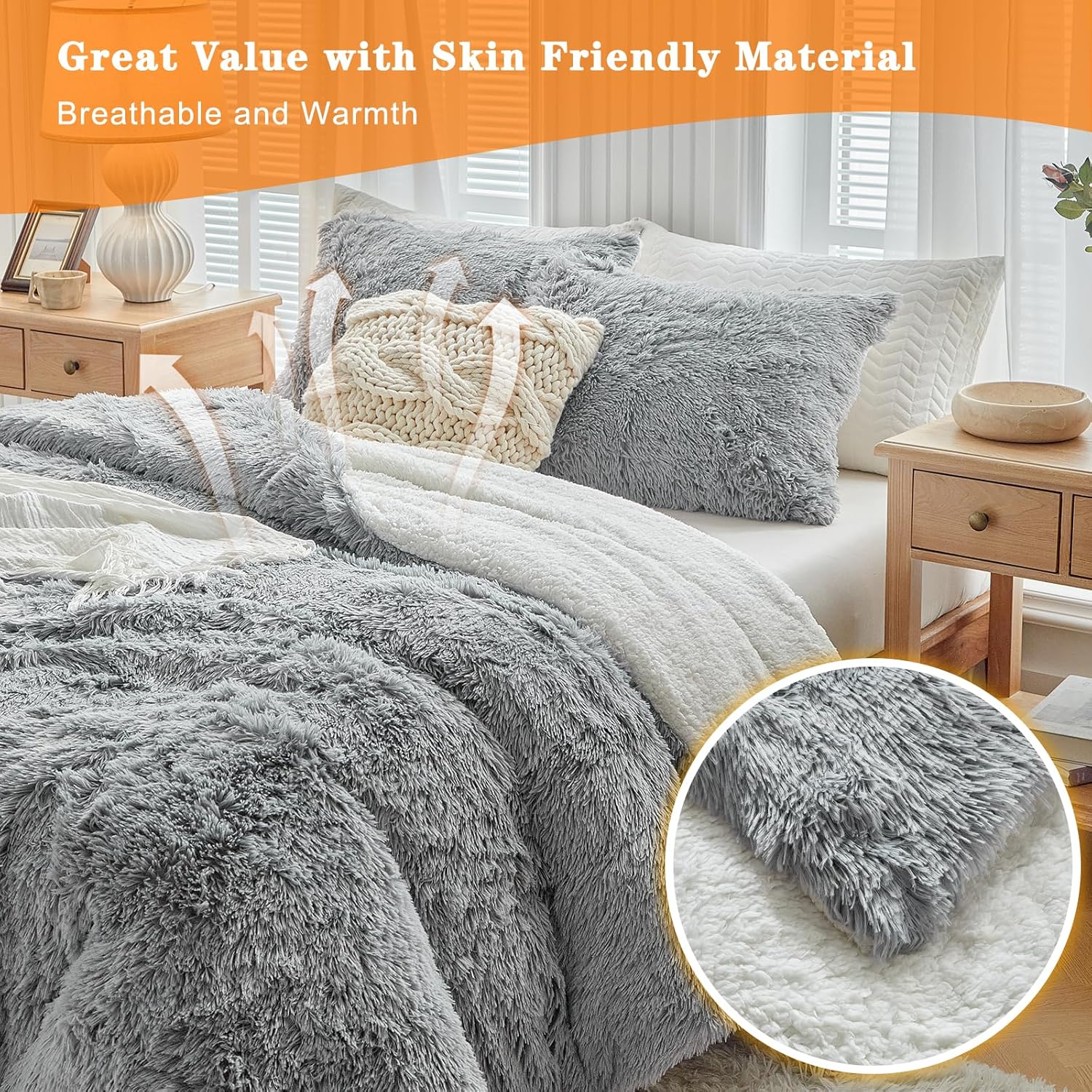 Gray Faux Fur Comforter Set Full / Queen 3 Pieces - 1 Shaggy Comforter 90x90 and 2 Fur Pillowcases, Ultra Soft and Easy Care Sherpa Luxury Plush Super Warm Winter Shaggy Bedding Set - Image 6