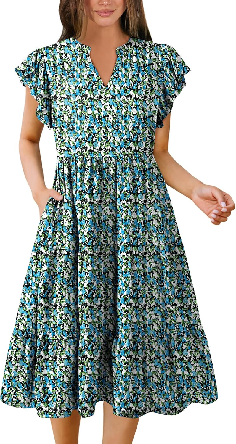 Hount Women's Summer Casual Dress 2026 V Neck Ruffle Sleeve Midi Sundress Flowy Tiered Hawaiian Beach Dresses with Pockets