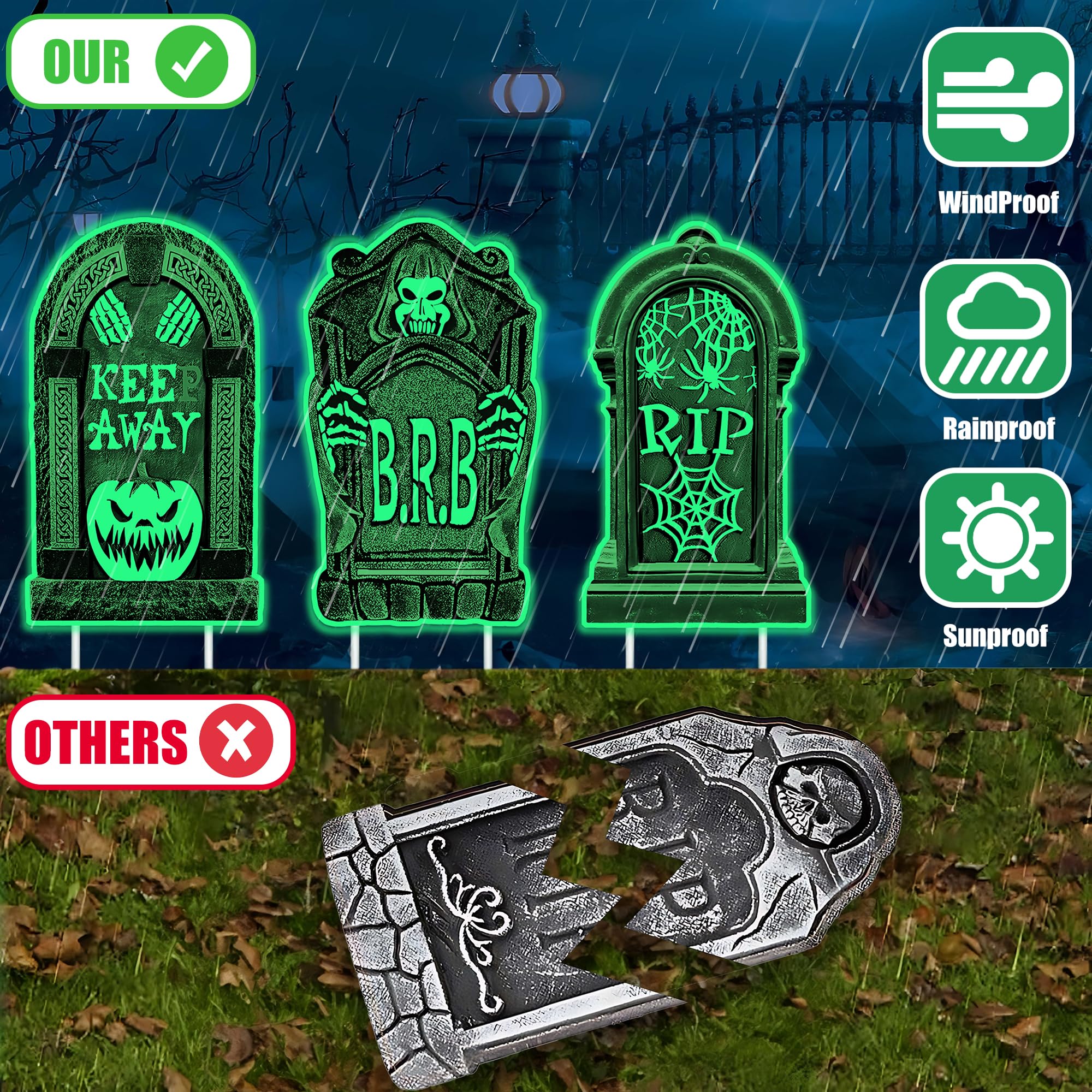 6 Pierres Pierre Tombale Halloween Fluorescence, 2 Pierres Chat Fluorescent, pour Pelouse de Lardin, Événements d'Halloween, Carnavals, Labyrinthes