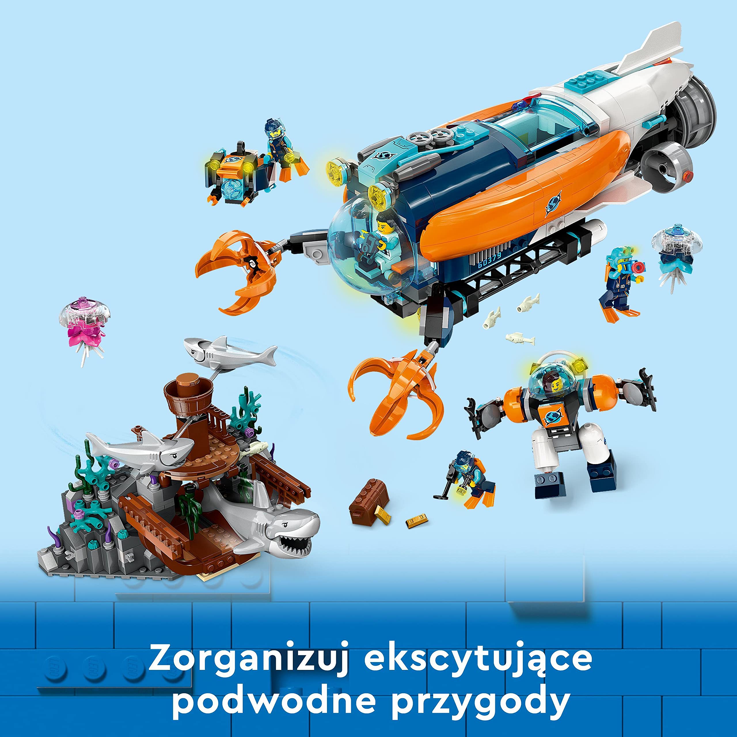 LEGO 60379 City Łódź podwodna badacza dna morskiego, Zabawka Podwodna dla Dzieci z Dronem i Figurkami Rekinów, Wrak Statku i Minifigurki, Pomysł na Prezent dla 7-latka, Dziewczynki i Chłopca