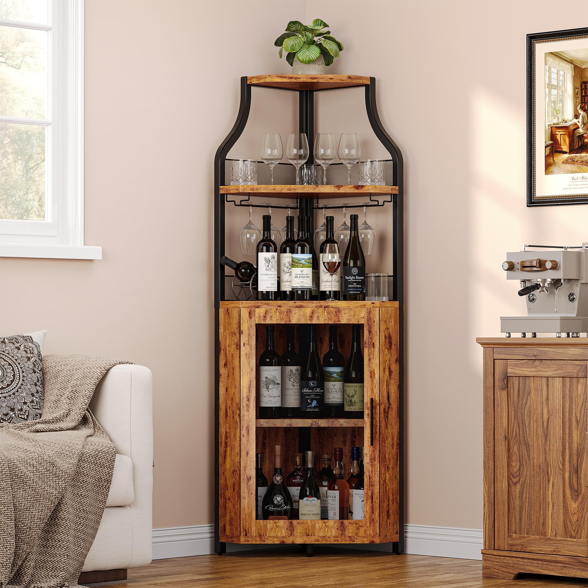 GarveeHome Corner Wine Cabinet with Detachable Wine Rack, 5-Tier Industrial Corner Bar Cabinet with Barn Door and Glass Holder, Farmhouse Buffet Cabinet and Home Bar, Rustic Brown
