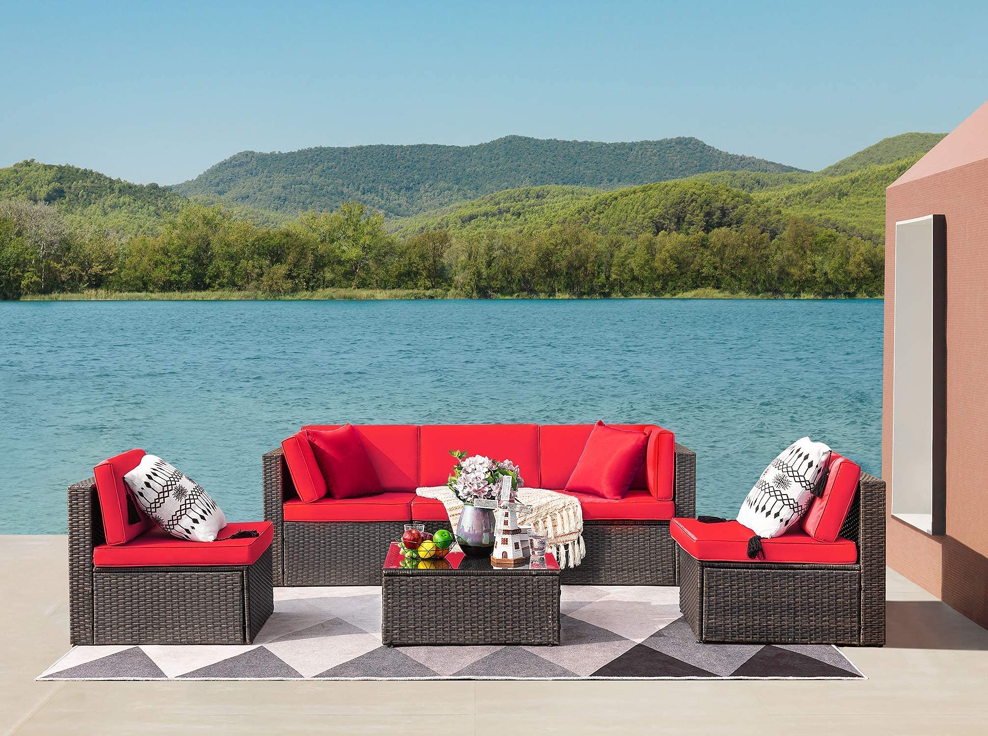 Devoko Patio Furniture Sets 6 Pieces Outdoor Sectional Rattan Sofa Manual Weaving Wicker Patio Conversation Set with Glass...