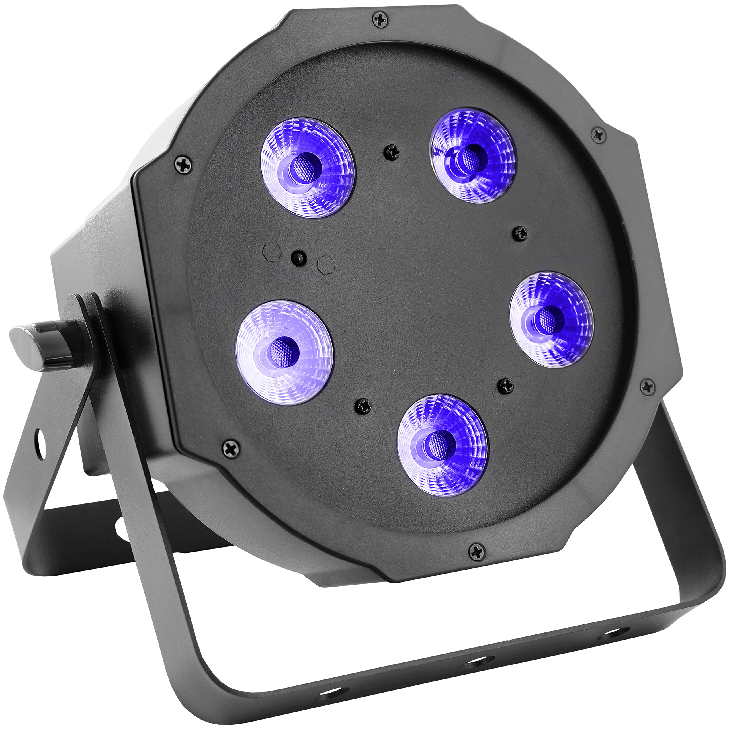 BoomToneDJ FlatPAR 5X5W 4in1 RGB-UV Projecteur LED multicolore avec DMX 512. Modes automatique, détection musicale. Télécommande IR incluse. Link alimentation. Eclairage de scène, soirées Clubs, DJ.