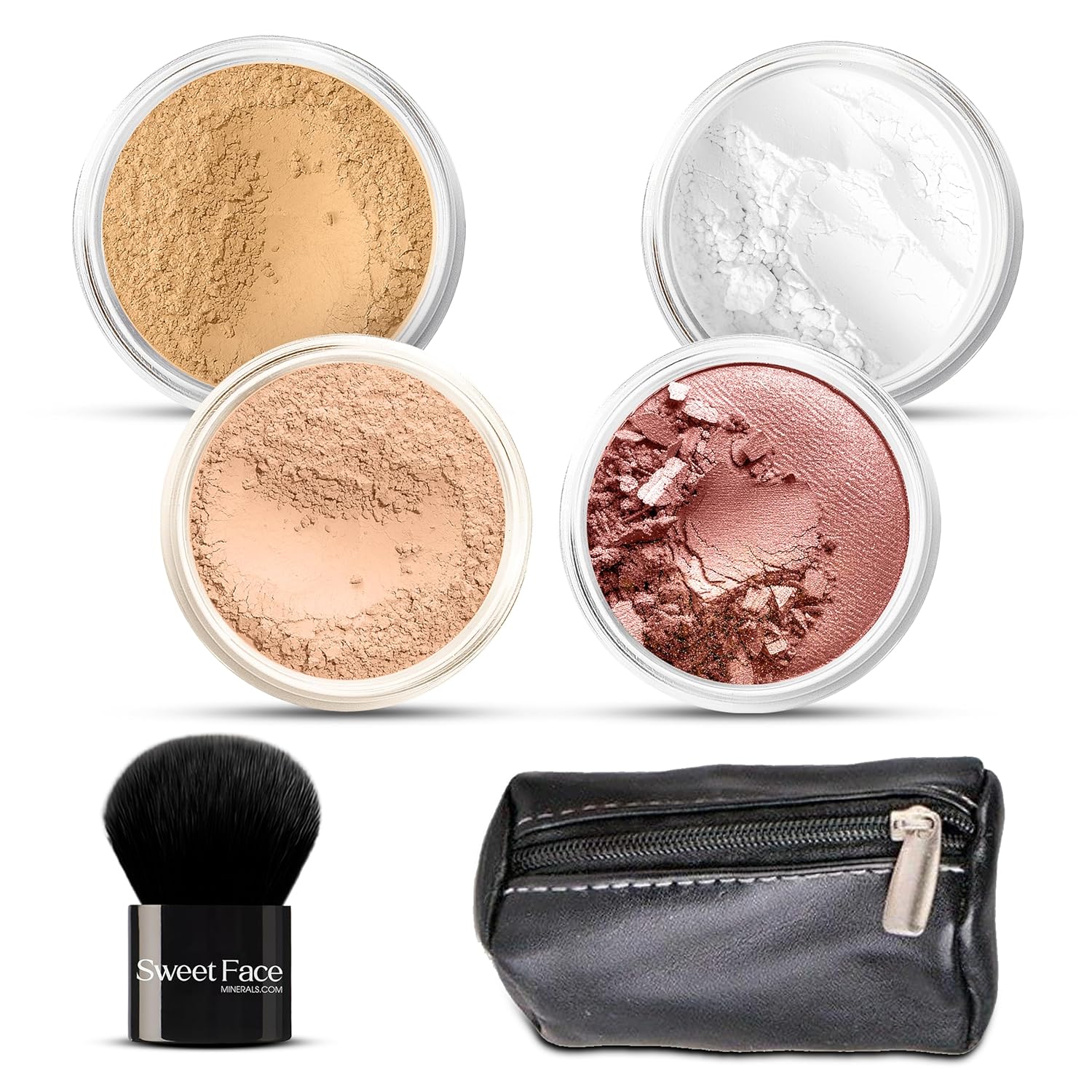 6pc FULL SIZE KIT KABUKI & KABAGGIE Tote Mineral Makeup Set Matte Foundation Bare Face Sheer Powder Cover (Beige)