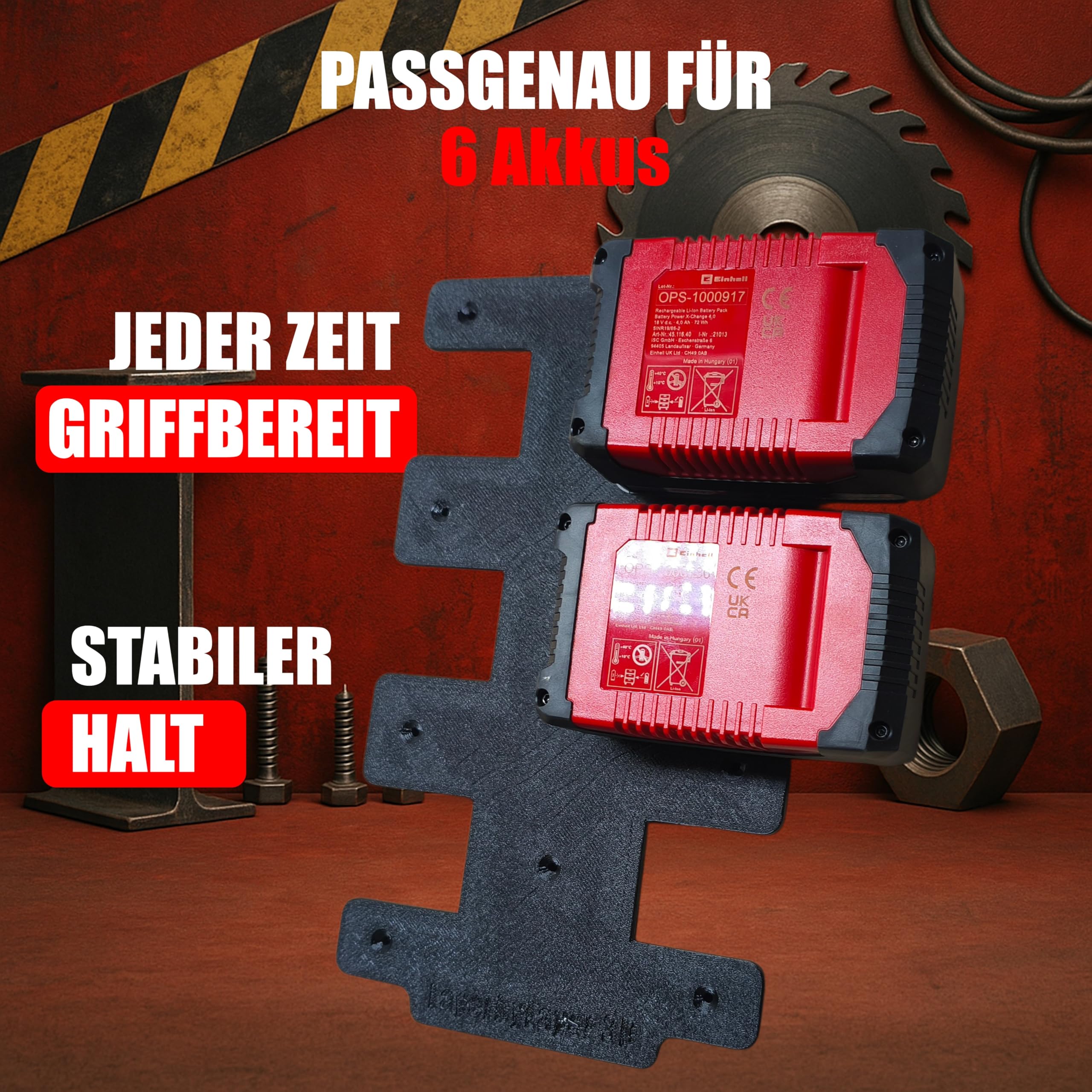 Wandhalterung für Einhell Akkus & Ladegeräte [Made in Germany] Akkuhalter für 18V Akkus - Einhell Wand Halterung Ladegerät - Akku Wandhalterung für Ordnung & System (6-Fach 18V Akkuhalter)