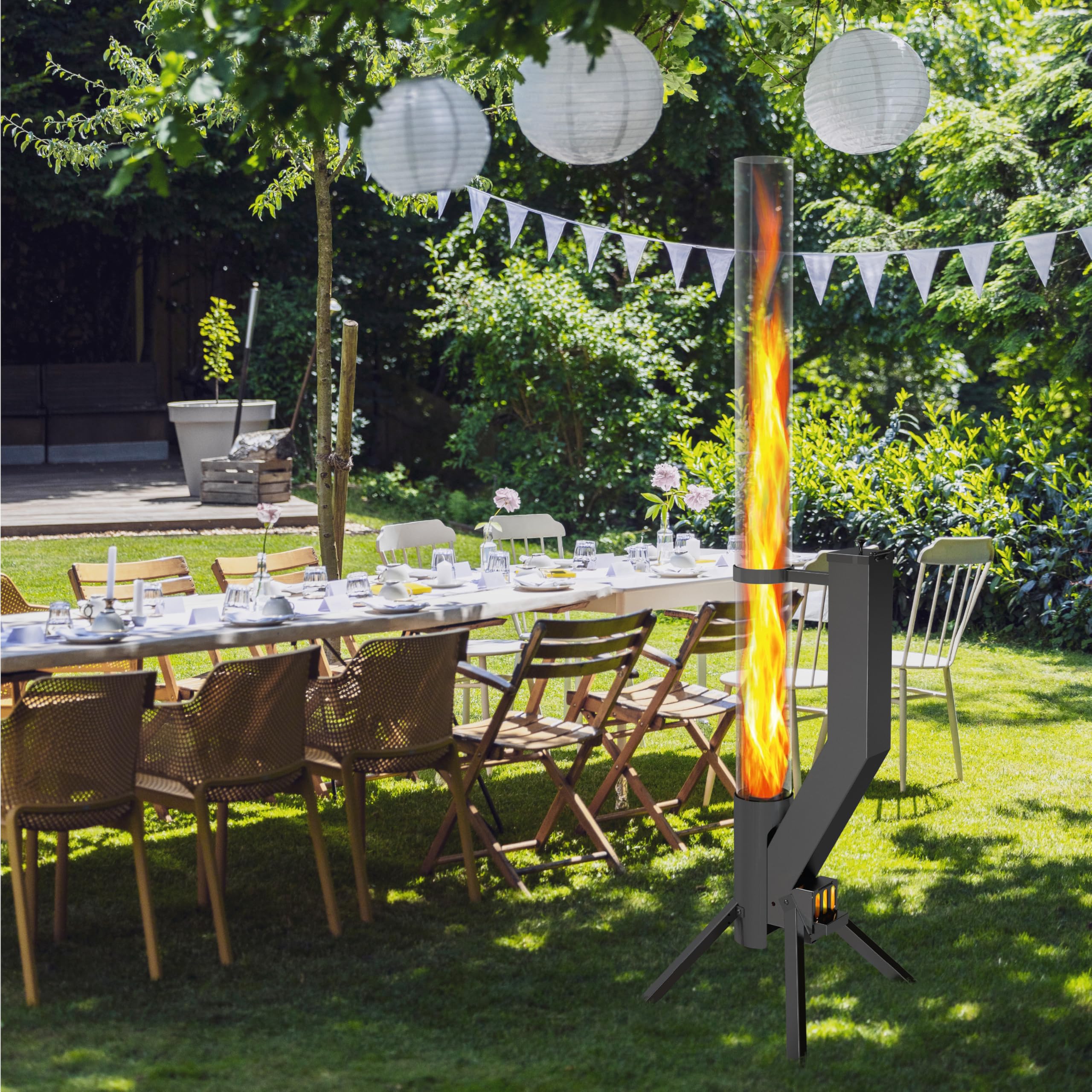 GARDENFLARE Feuerrohr Premium – Große Edelstahl Pelletfackel mit Flamme bis 1,5m & Reinigungsbürste incl., Feuersäule für Garten & Terrasse - Nachhaltiges Ambiente Feuer (Schwarz Pulverbeschichtet)