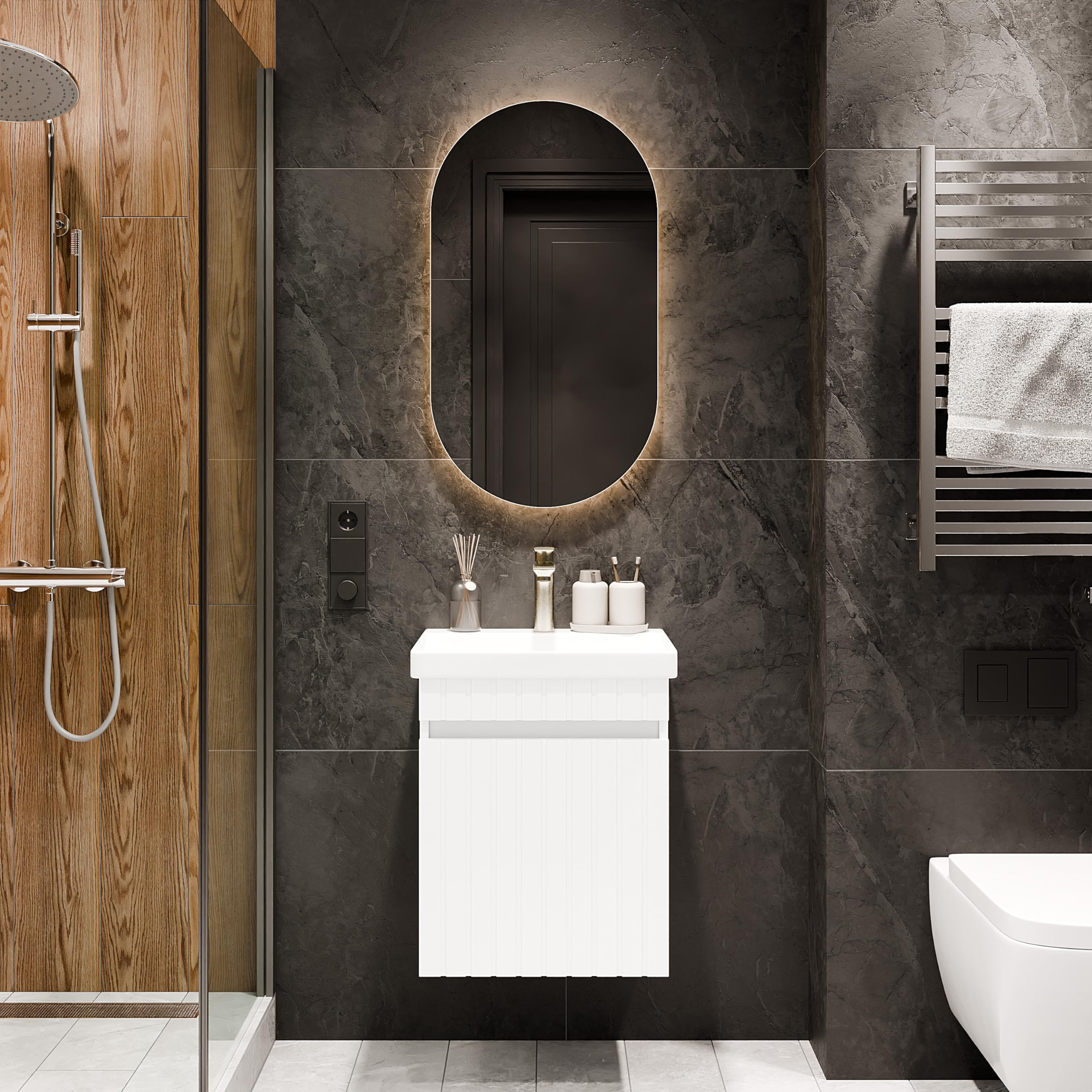 Planetmöbel Cosmia - Set di mobili da bagno con mobiletto da 50 x 60 x 35 cm, colore: bianco, specchio da bagno con illuminazione da 50 cm, lavabo con porta