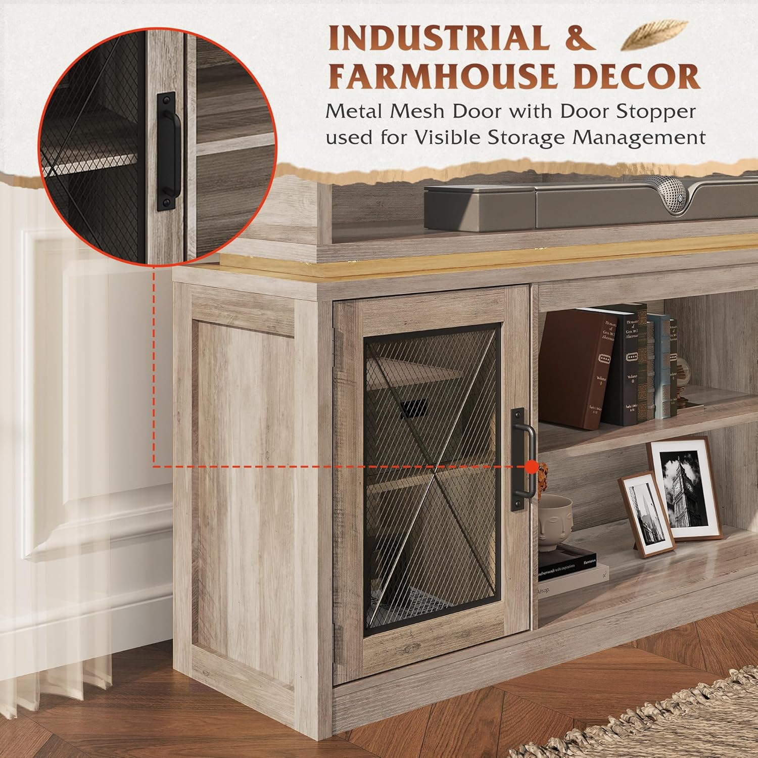 WLIVE Farmhouse TV Stand for TVs Up to 65 Inches, Tall Entertainment Center with Storage Cabinets & LED Lights, Media Console for Living Room, Bedroom, Home Theater, Gray Oak
