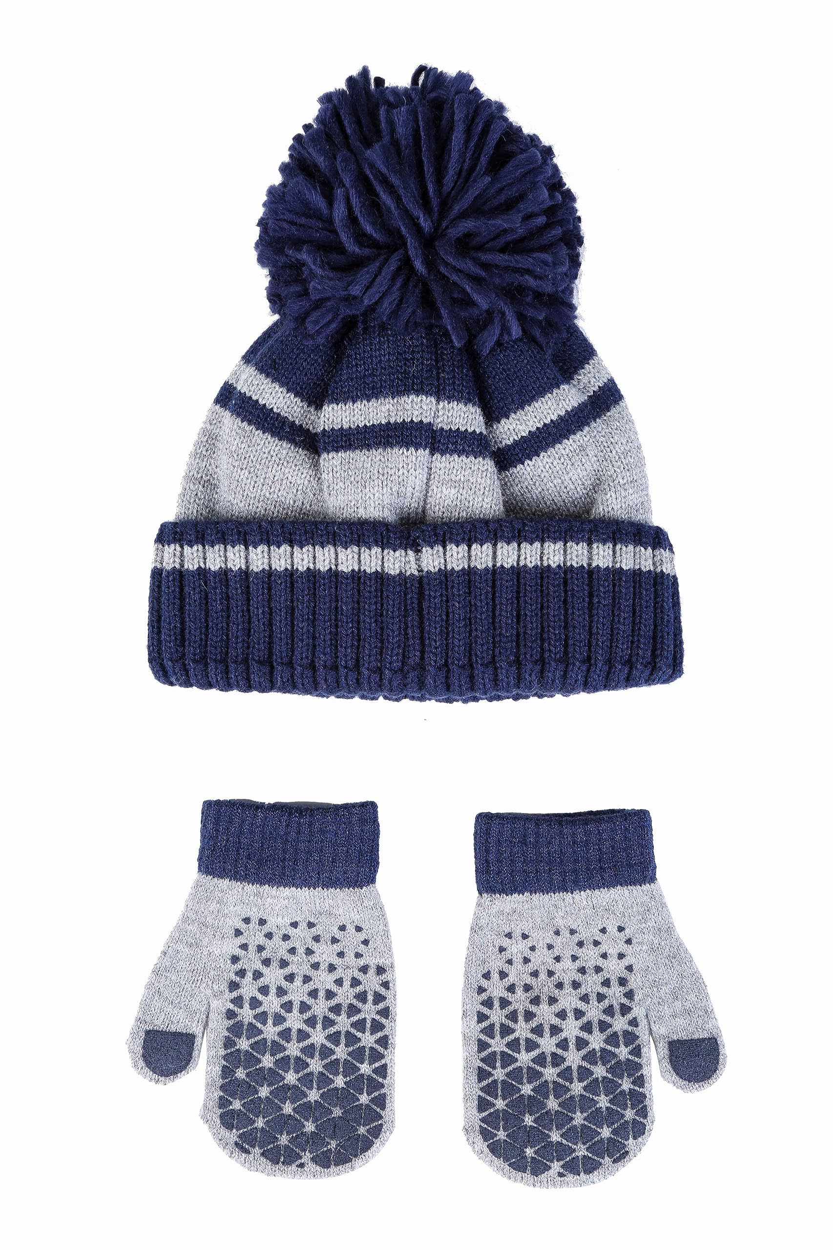 Reebok 2-Piece Toddler Winter Hat and Gripped Mittens - Warm Knitted Pom Beanie & Anti-Slip Gloves - Unisex Cold Weather Accessories, Grey/2T-4T