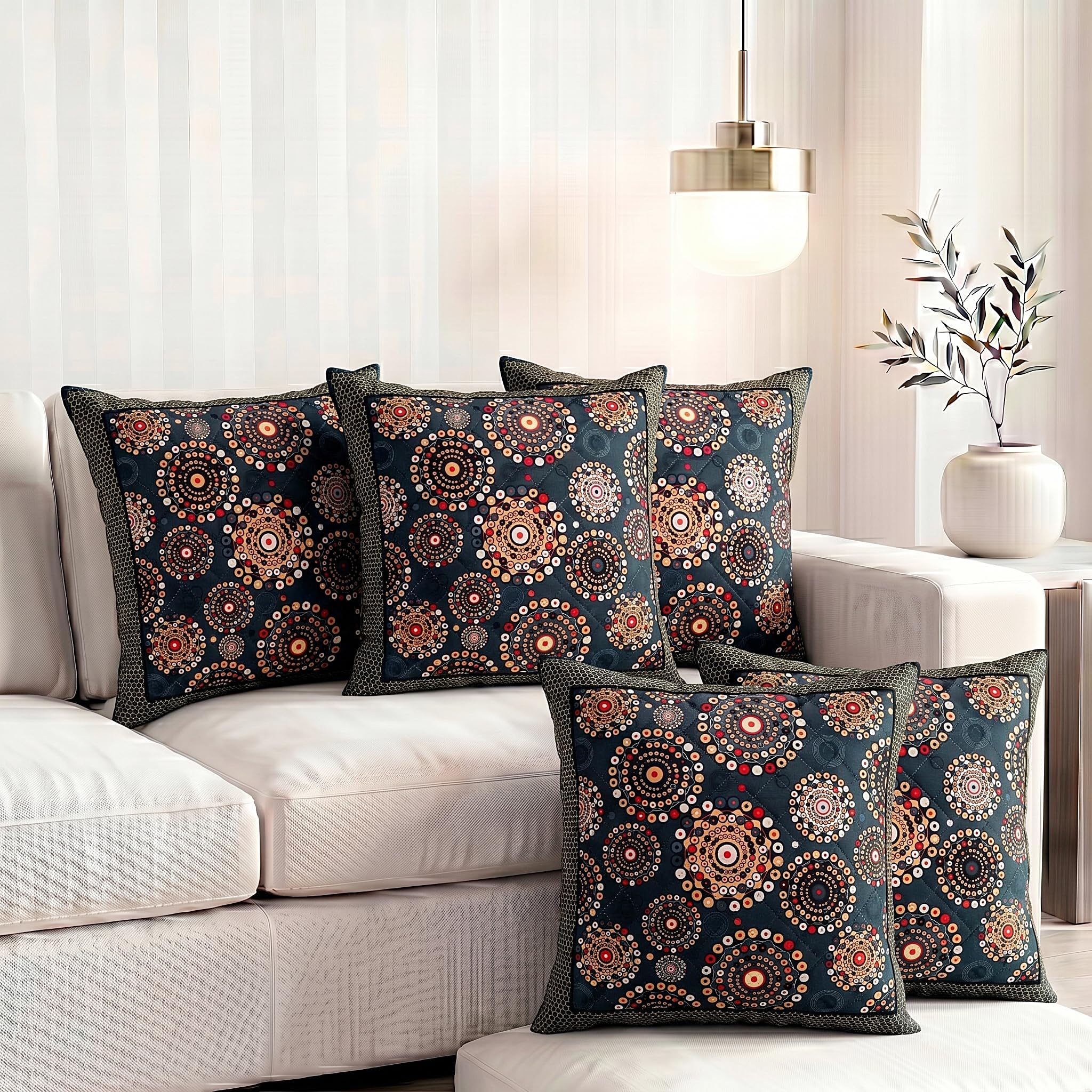 Nendle Printed Holland Velvet Cushion Covers Set of 5, 16 x 16 Inches (40 x 40 cm), Decorative Sofa Cushion Cover with Zipper Closure, Floral Geometric Abstract Bohemian Designs, Multicolor-picture-10