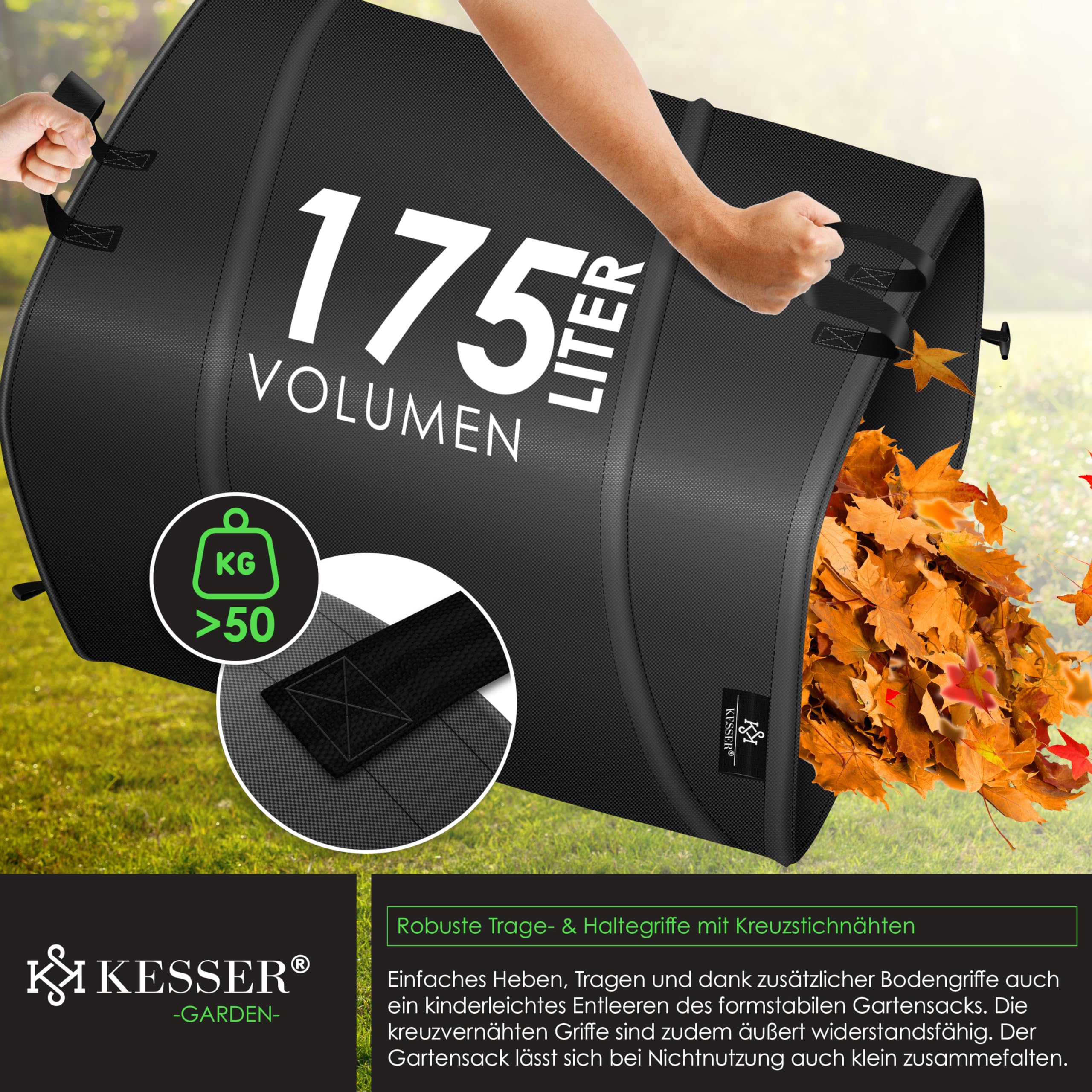 KESSER® Set di Sacchi da Giardino Pop-up - 4x 175 Litri, Sacco per Rifiuti da Giardino con Guanti, Autoportante con Maniglie, Robusto, Robusto e Richiudibile, Antracite/Nero