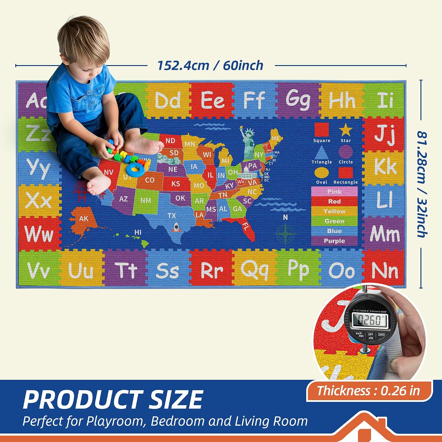 BEQHUASE Kids Rugs, 32"x60" ABC Play Mats Educational Learning Carpet, Non Slip Washable Nursery Rug Alphabet Floor Mat for Kids Room, Toddler Classroom and Baby Playroom