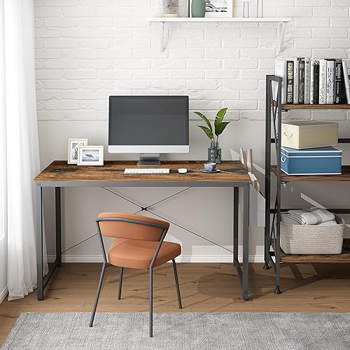 Miniatura 3 de Escritorio de computadora de estilo simple con estantes de almacenamiento, mesa de estudio para oficina en casa, fácil montaje, 47 pulgadas, marrón