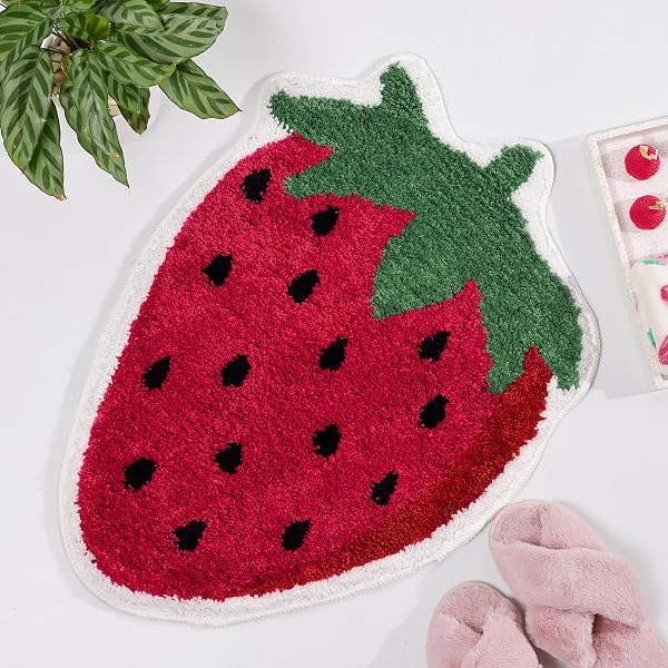 FROZZUR Truskawkowe dywaniki łazienkowe, luksusowe chłonne antypoślizgowe czerwone maty łazienkowe, dywanik do wanny w kształcie owoców łazienka wanna zabawa pluszowe dywaniki prysznicowe zmywalne
