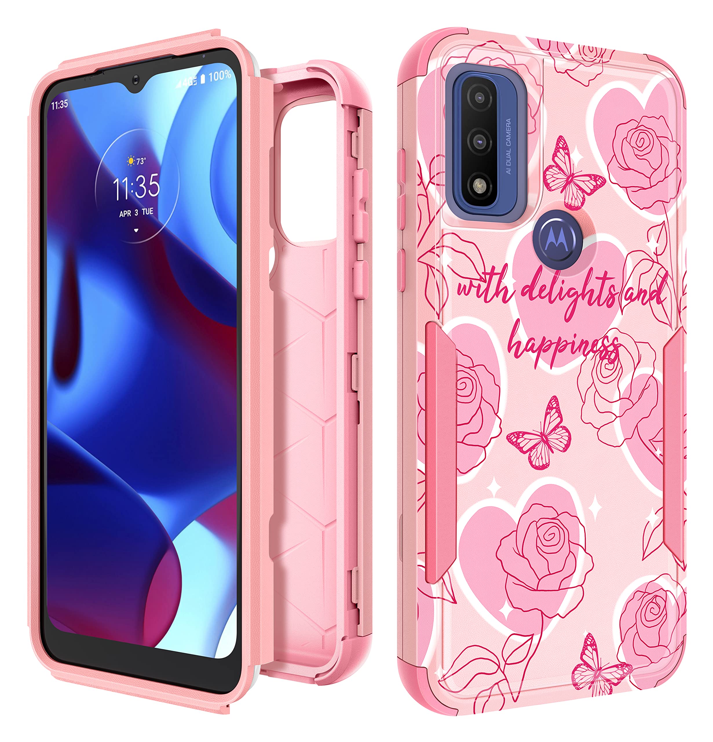 Plakill for Motorola Moto G Pure/G Power 2022 Case/G Play 2023 Case,Women Girls Cute Rose Butterflies Style Heavy Duty Military Grade Protctive