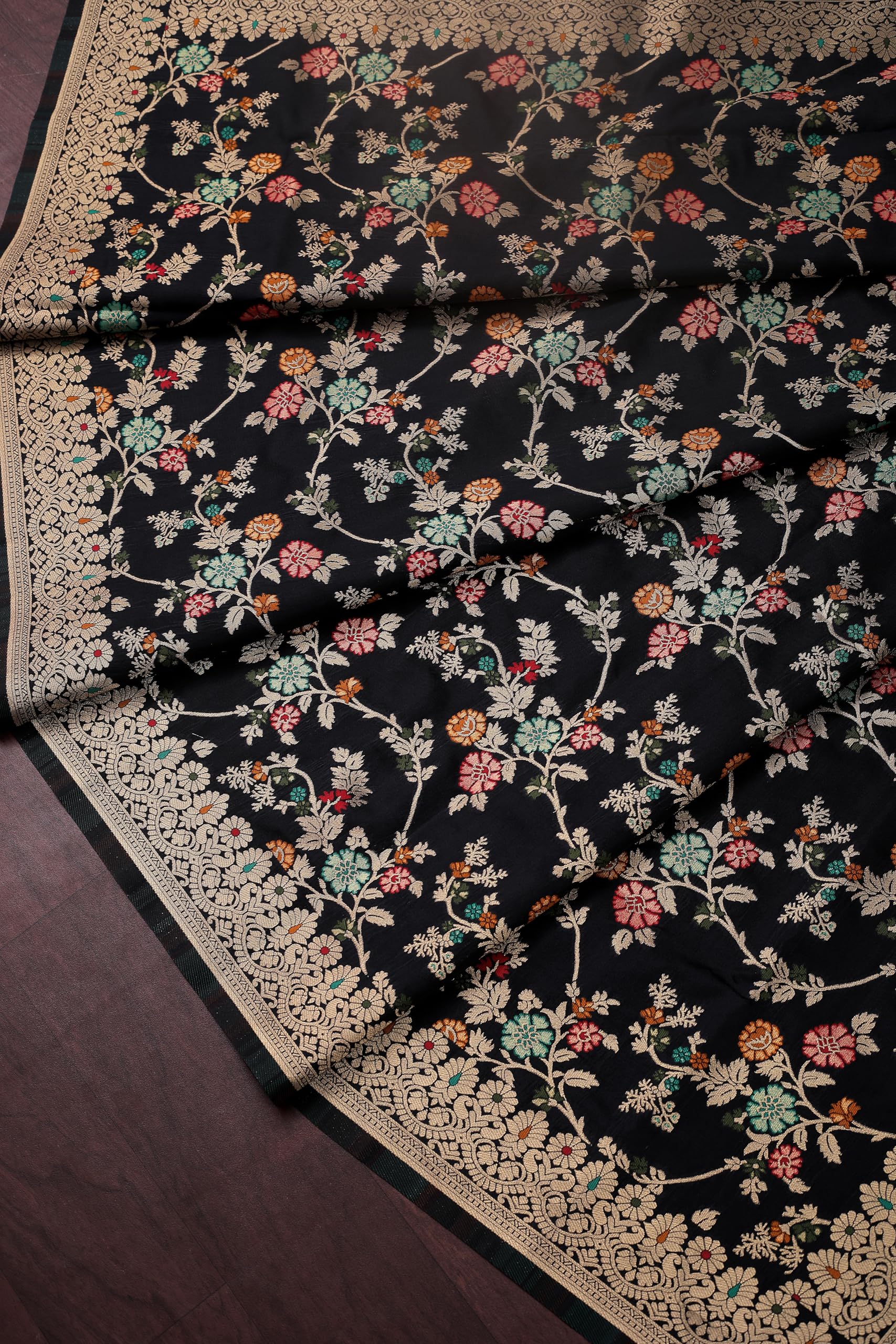 DEVANGI Women's Woven Design Jacquard Banarasi Silk Printed Dupatta/Chunni with Meena Work For Girls, Width 1 Meter, Length 2.5 Meter (OM-DT-24-BLACK-F)