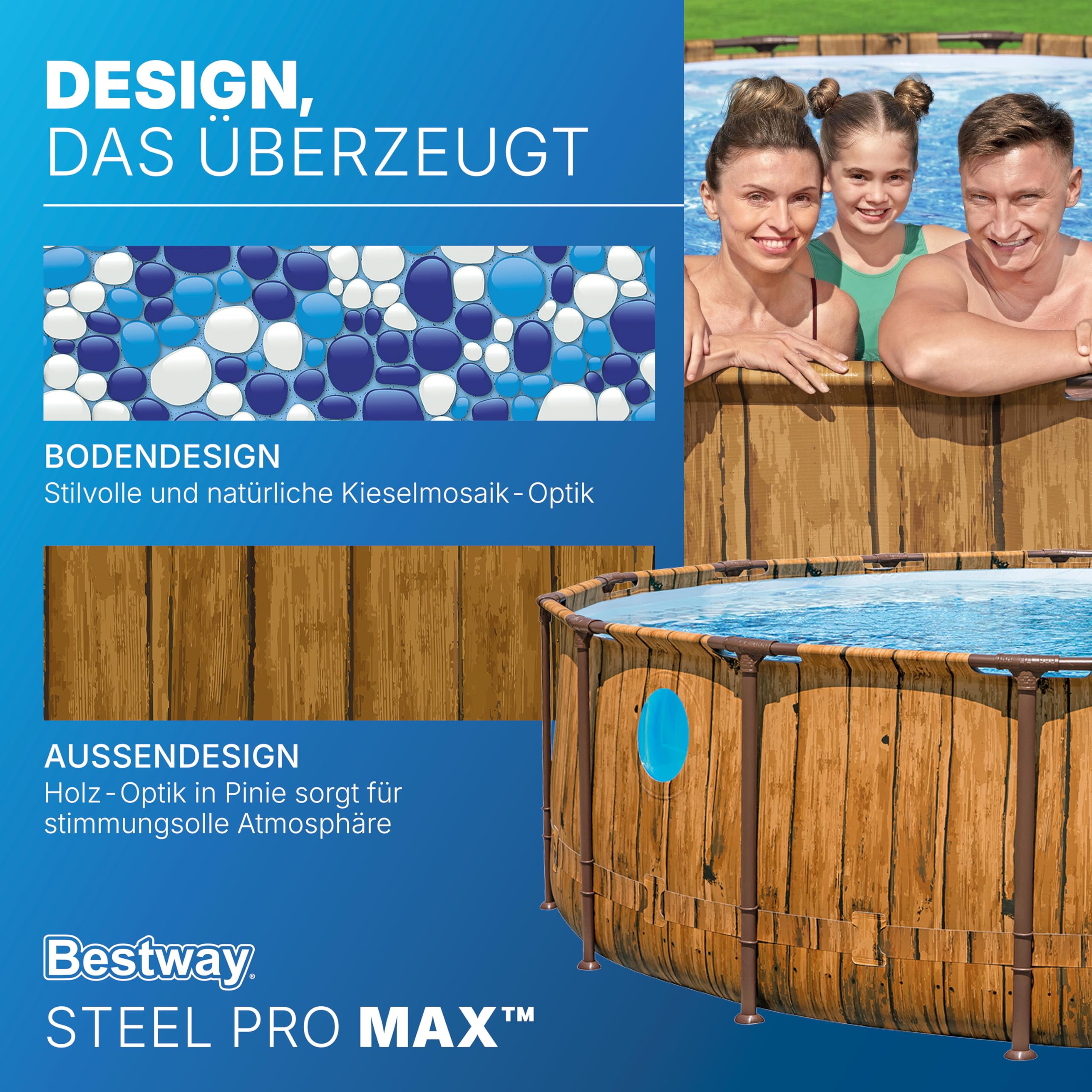 Bestway Steel Pro MAX Splashview Frame Pool Komplett-Set mit Filterpumpe Ø 488 x 122 cm, Holz-Optik (Pinie), rund