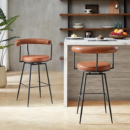 Vista 16 de Art Leon Taburete de bar giratorio, moderno taburete de bar de piel sintética de altura, taburete de mostrador de 30 pulgadas con respaldo para isla