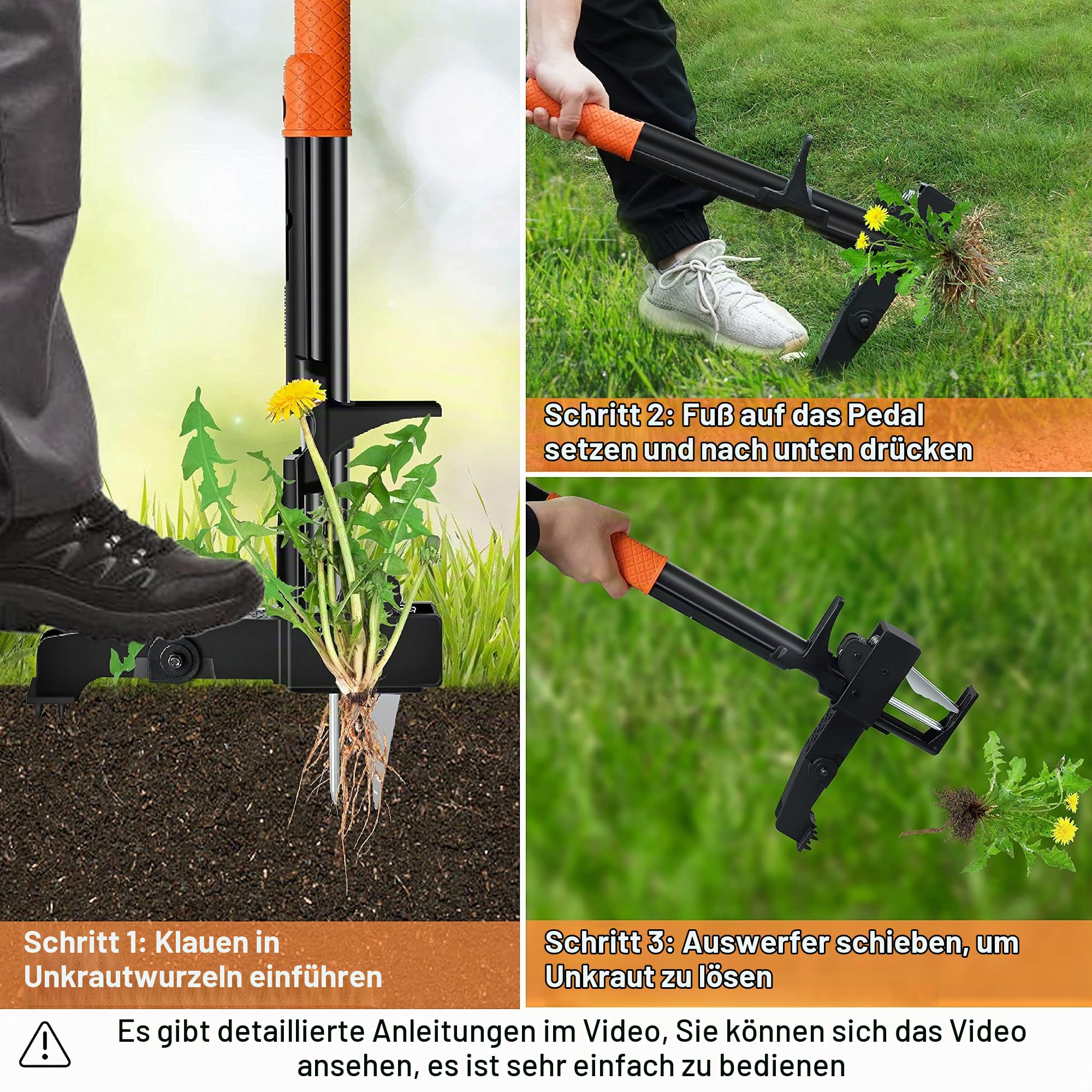 Unkrautstecher zum Aufstellen – 101,6 cm Langer Unkrautstecher + Gartentasche, 4 Krallen aus Edelstahl und klappbarem Fußbrett, einfache Unkrautentfernung, kein Bücken