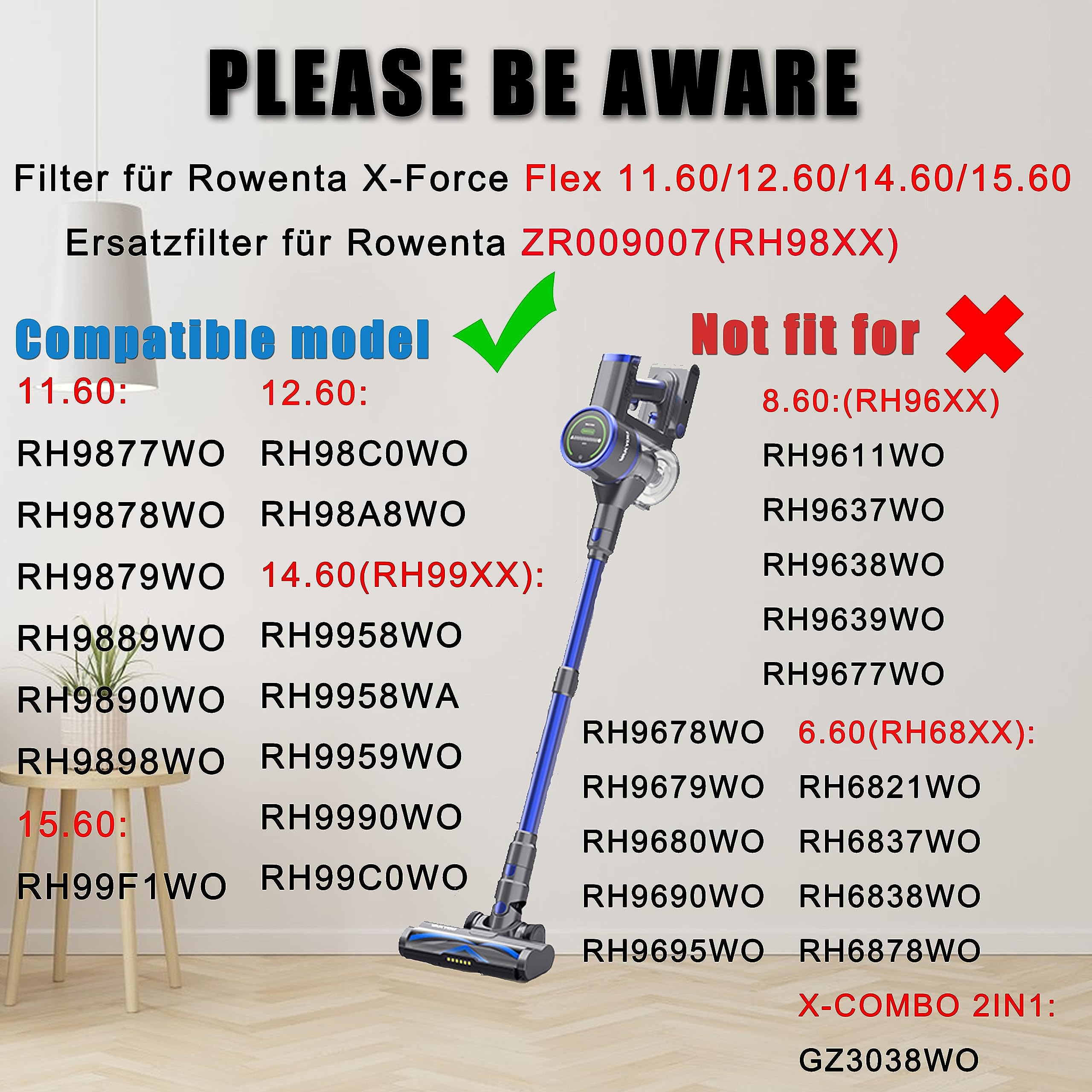 Filtro HEPA para aspiradora Rowenta X-Force Flex 11.60 / X-Force Flex 14.60/15.60 (repuesto para Rowenta ZR009007, 2 unidades)
