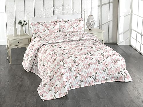Ambesonne Colcha decorativa de flor de cerezo, flores rosadas de color pastel en ramas de primavera, tonos suaves, cómodo juego de cama de 2 piezas