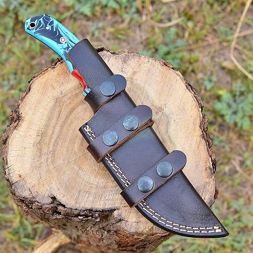 Miniatura 7 de Cuchillo de acero de Damasco hecho a mano de 10 pulgadas con funda de cuero Espiga completa Caza Skinner Cuchillo de hoja fija Mango de resina HR-128