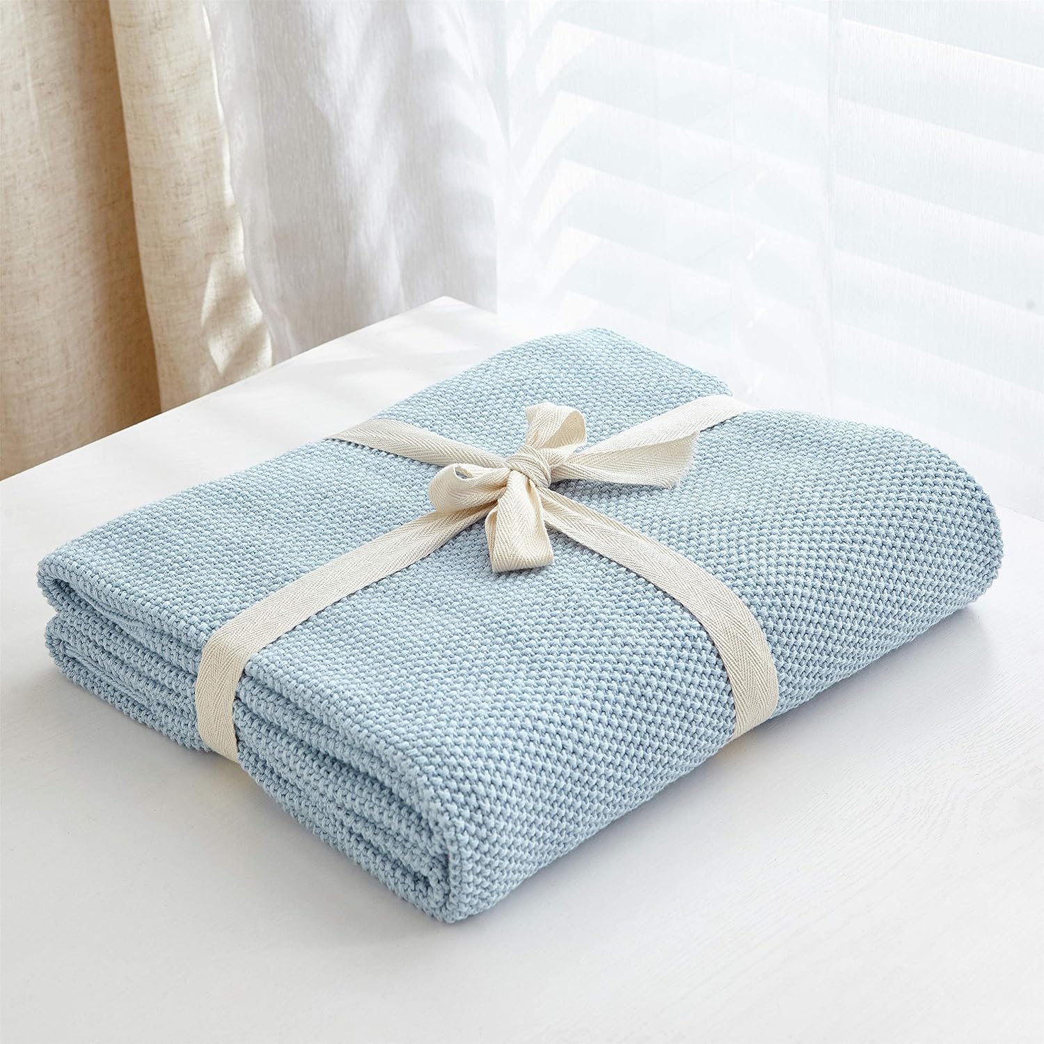 Longhui bedding 100% Cotton Light Blue Cable Knit Throw Blanket for Couch Sofa Bed Home Décor – Lightweight 50“ x 60”, Bonus Laundering Bag, Machine Washable