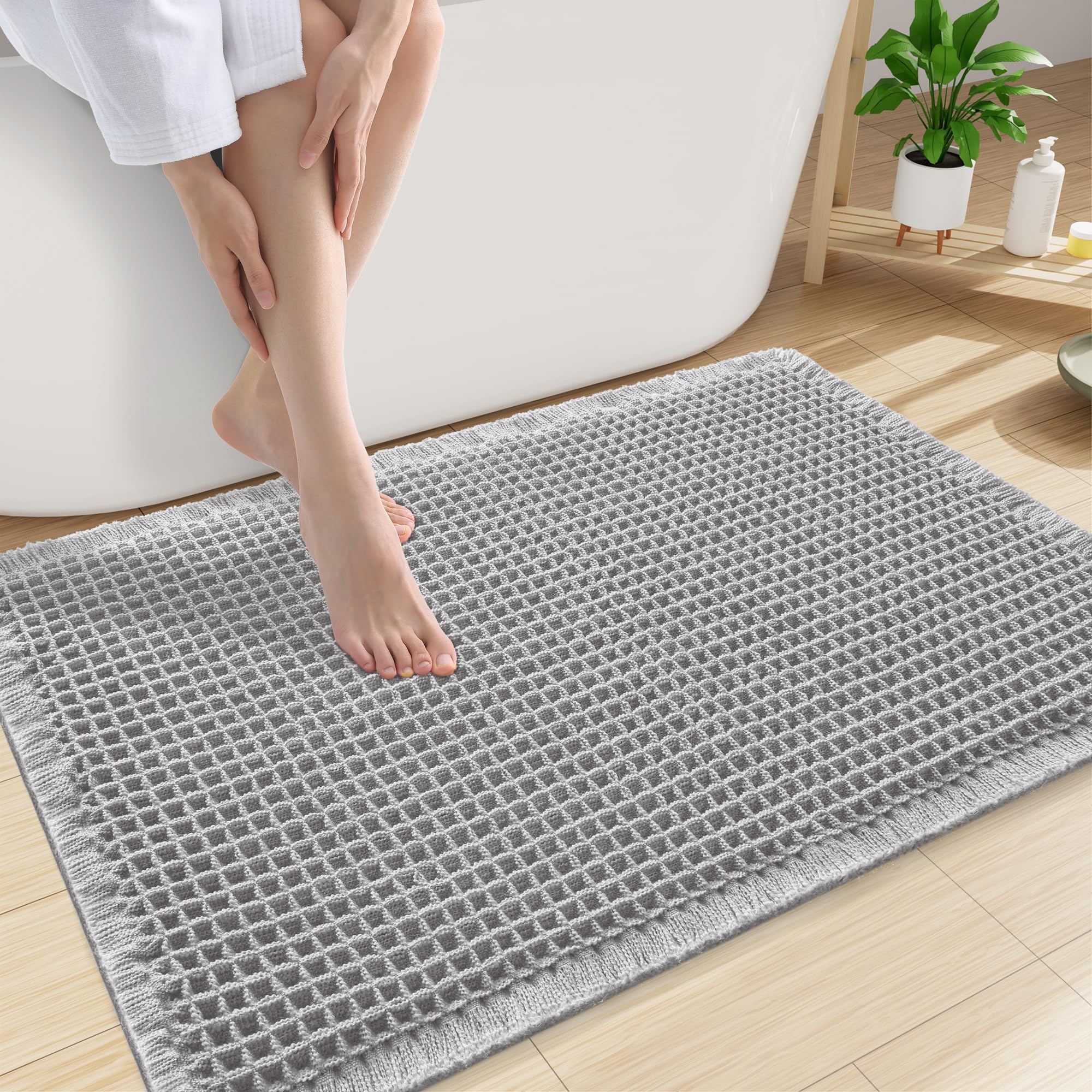 Smiry Waffle Bath Mat 30X20, Extra Soft Absorbent Bathroom Rugs, Light Grey
