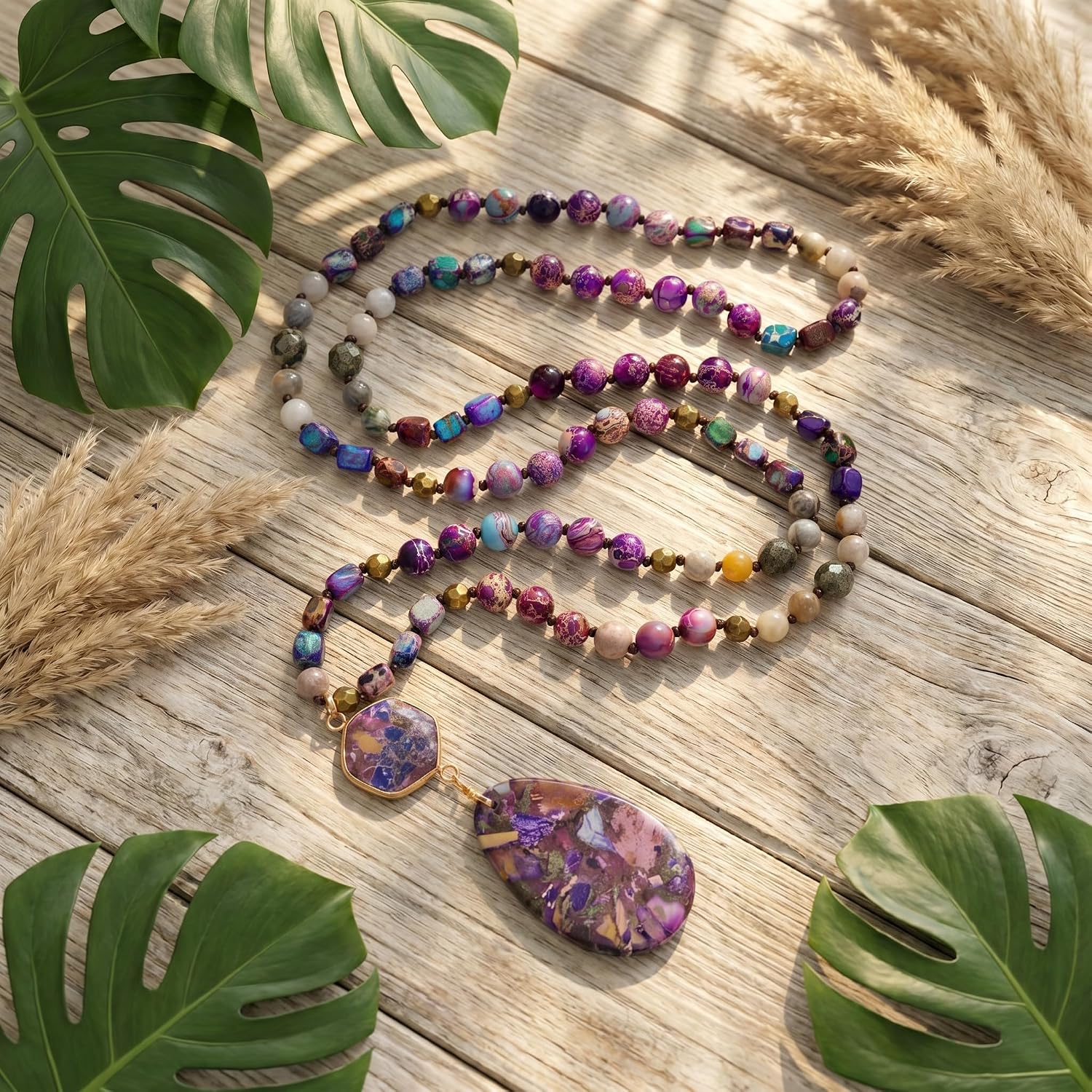 Gmai Long Beaded Necklaces for Women Boho Natural Stone Pendant