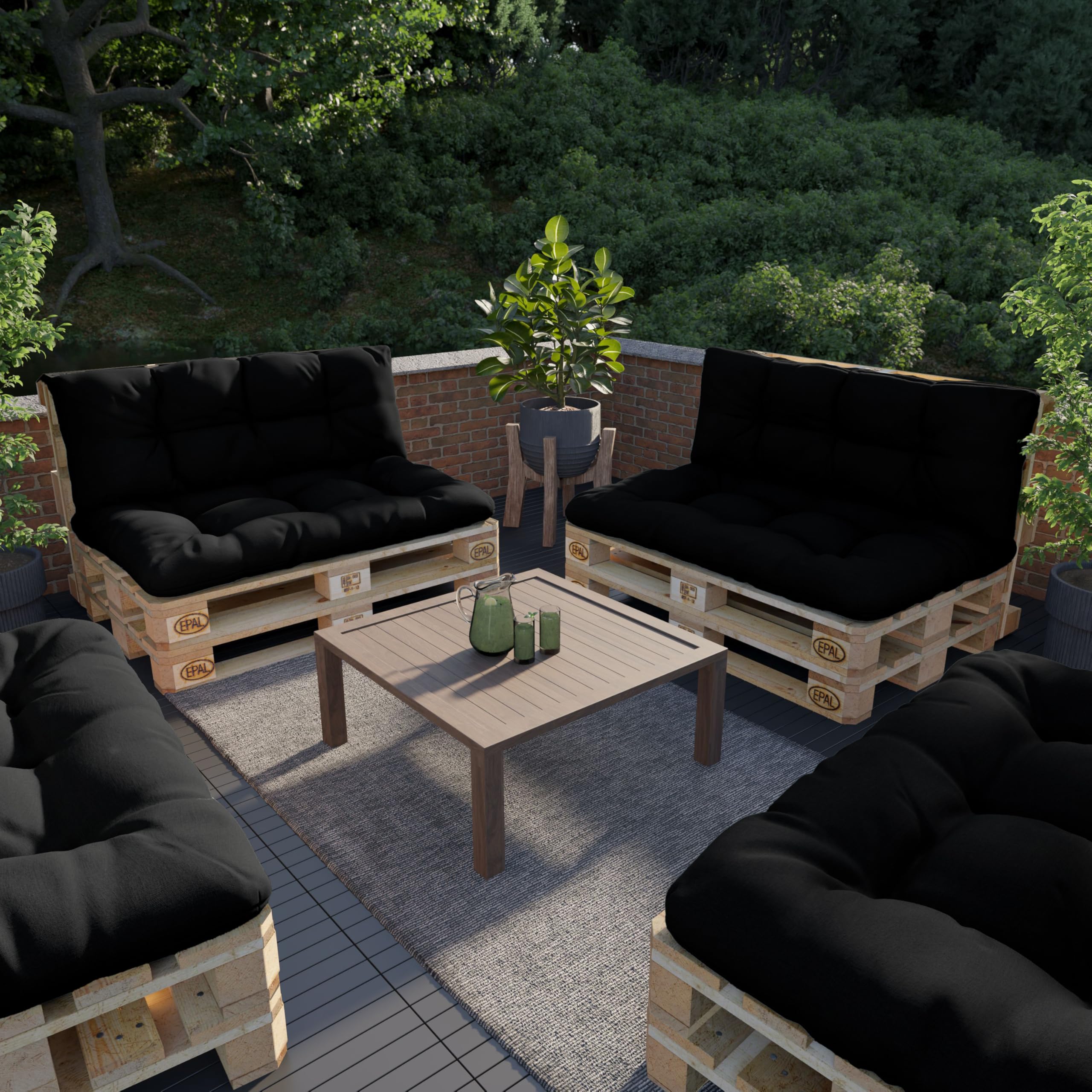 POKAR Set di Cuscini per Europallet Idrorepellente da 2 pezzi: 1x 120x80 + 1x 120x40, per Divano da Giardino, schiuma fredda, senza Pallet, Nero