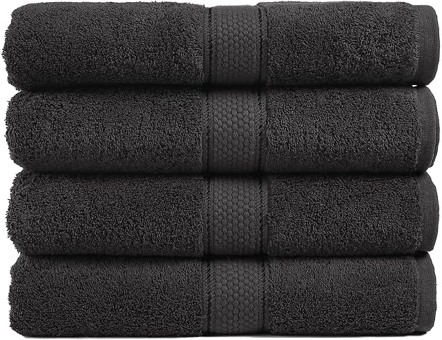 4pc Bath Towels Set - 100% Ring Spun Cotton Towels Set, Oversized Bath Towels, Highly Absorbent Bath Towel Sets for Bathroom, 71 cm x 137 cm, Extra Large Bath Towels, Quick Dry Towels for Body - Coal