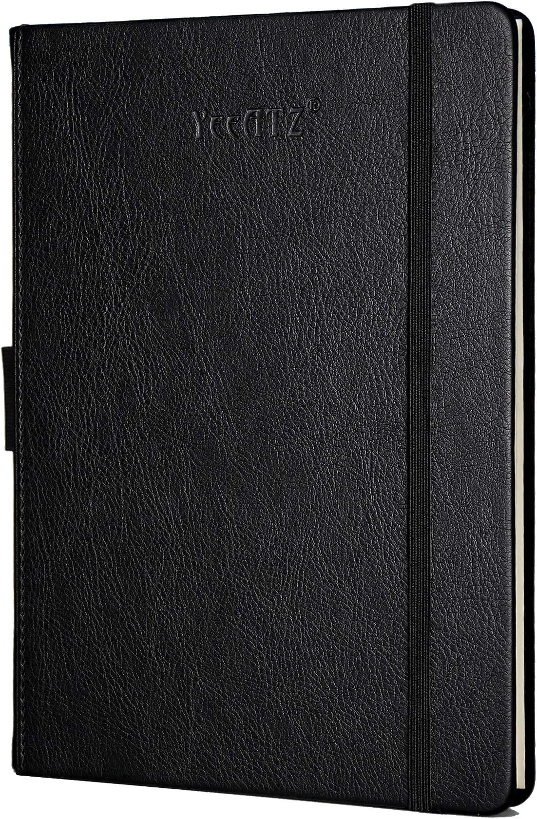 Thick Hardcover Notebook/Journal with A5 120gsm Premium Paper, College Ruled Bound with Pen Holder, Black Leather, 3 Ribbon Marker, Inner Pocket, 8.4 x 5.7 in