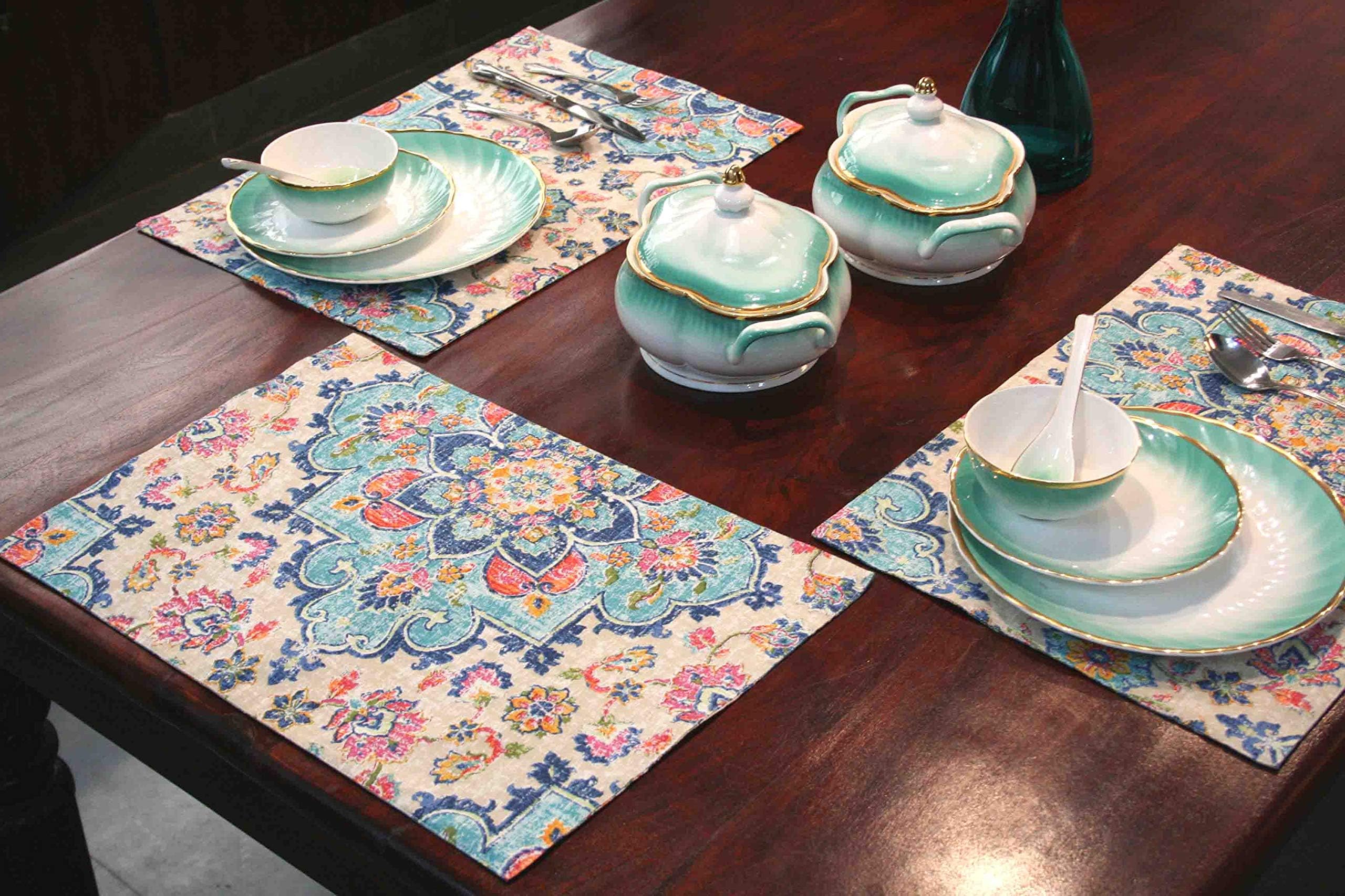 Raghuraj Lifestyle Cotton Rectangular Reversible Kitchen Dinner Table Placemats (Blue, 13x19 Inches) -Set of 6 Pieces