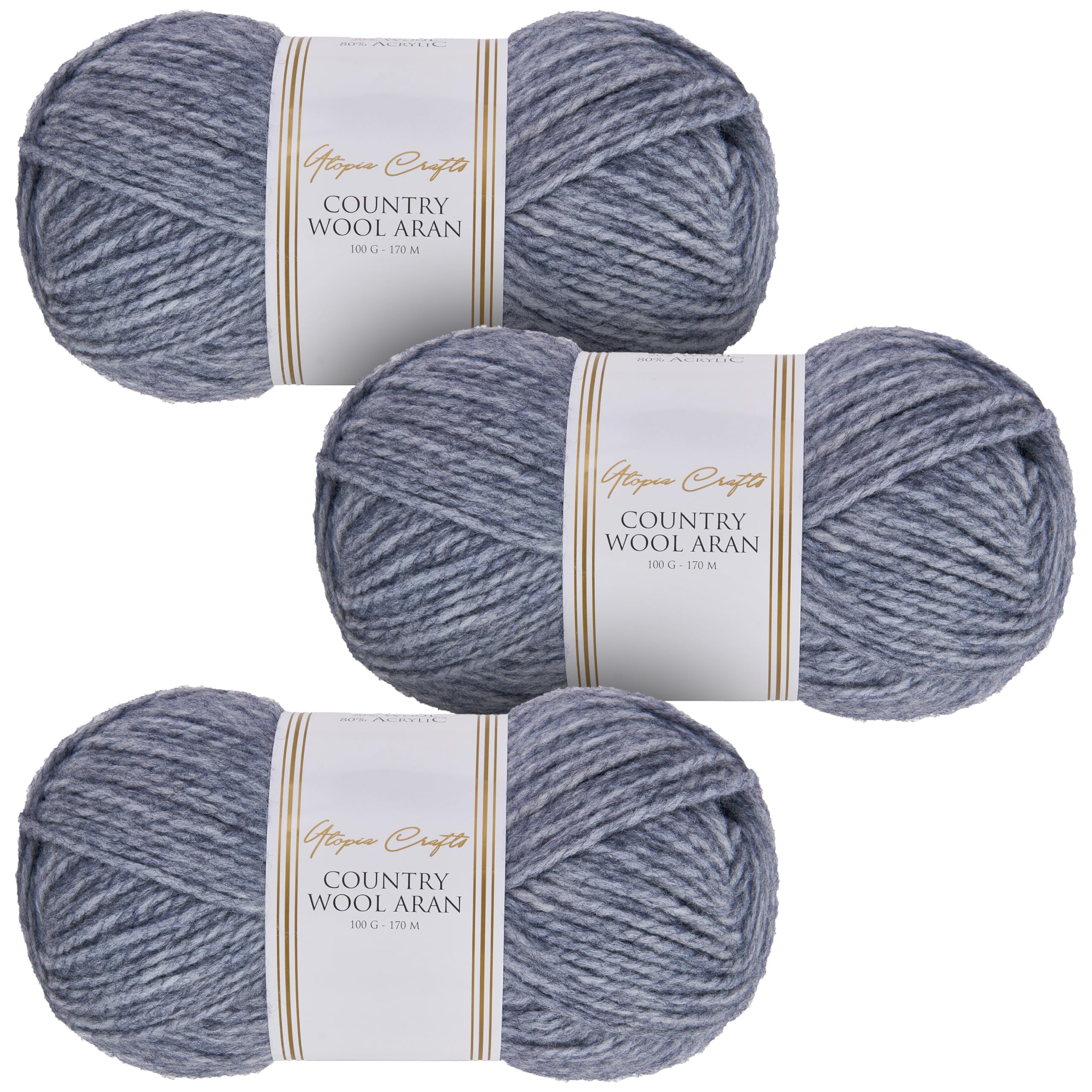 Utopia Crafts Country Wool Blend Aran Yarn for Knitting and Crochet 3X 100g (Denim Blue)