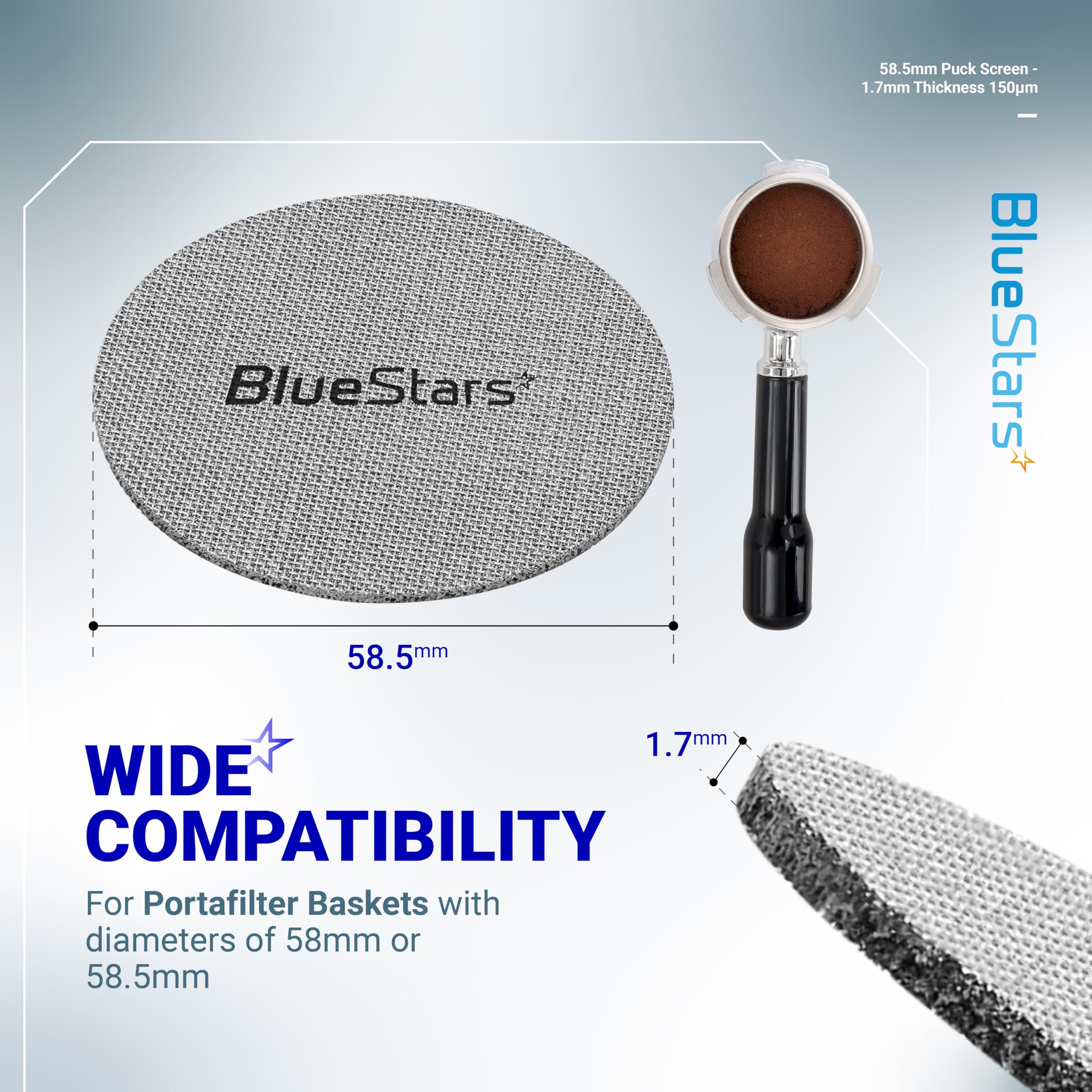 BlueStars 2 PACKS 58.5mm Espresso Puck Screen 1.7mm Thickness 150?m - Reusable Coffee Filter Mesh Plate made from Stainless Steel - For 58mm 58.5mm Espresso Machine Portafilter Baskets