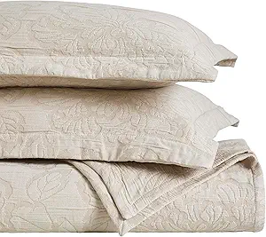 Superior 3 Piece Cotton Bedspread Set, Home Decor, Decorative Bed Spread, 2 Pillow Shams, Medium Weight Blanket, Matelasse Coverlet, Bedding Essentials, Hibiscus Collection, California King, Beige