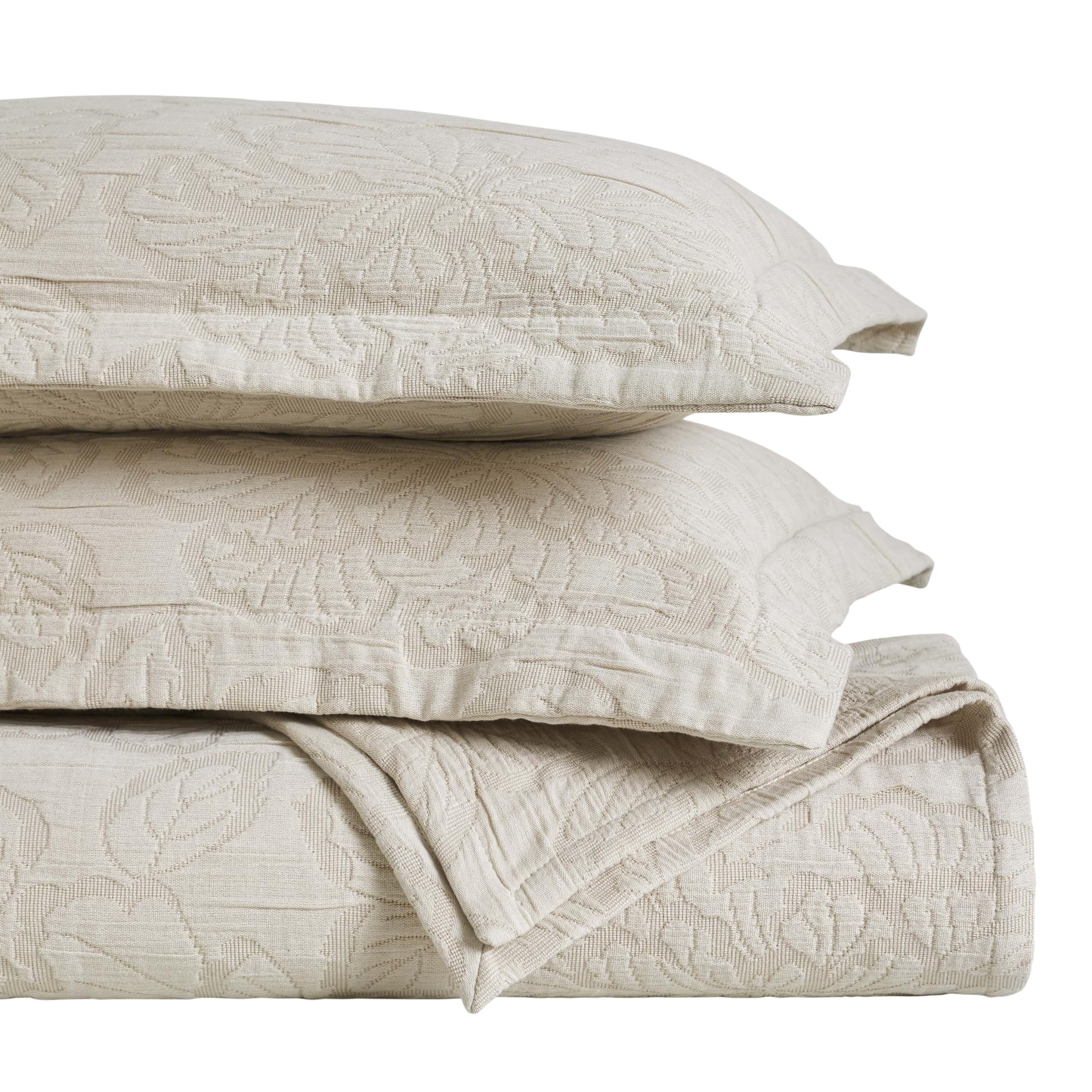 SUPERIOR 3 Piece Cotton Bedspread Set, Home Bed Decor, Decorative Bed Spread, 2 Pillow Shams, Medium Weight Blanket, Matelasse Coverlet, Bedding Essentials, Hibiscus Collection, King, Beige
