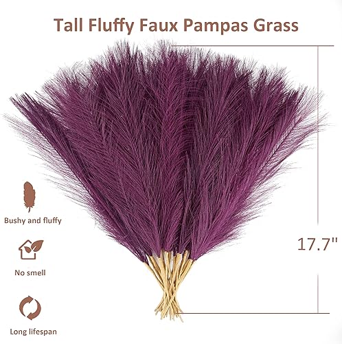 Miniatura 2 de Hierba de las pampas de color morado oscuro, 30 piezas de 17 pulgadas de imitación de hierba de la pampa, arreglo floral de pompas y relleno de