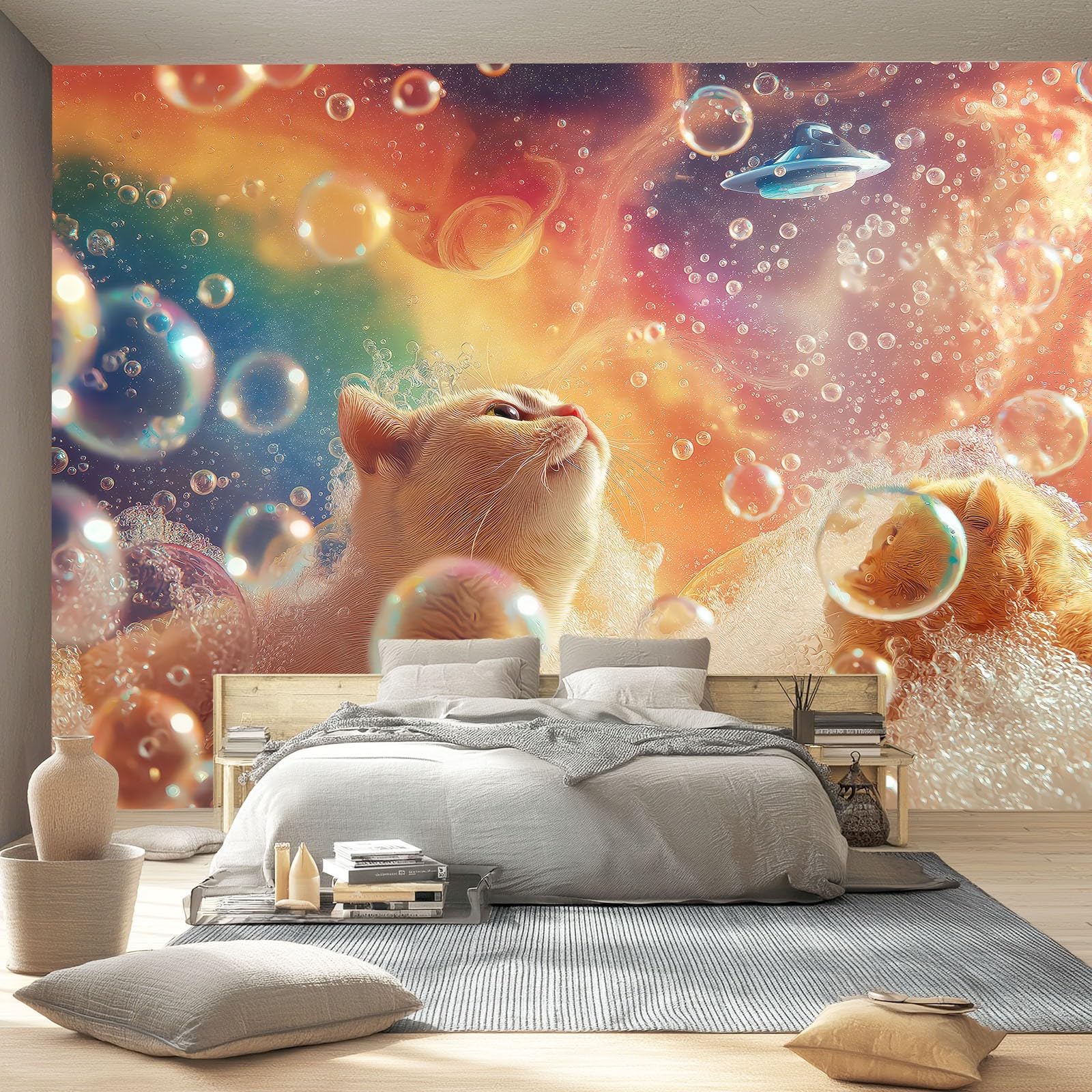 Tapeta z motywem 250 x 175 cm, zwierzęta, koty, bańki mydlane, tapeta z motywem do pokoju dziecięcego i kącika do majsterkowania, kolor