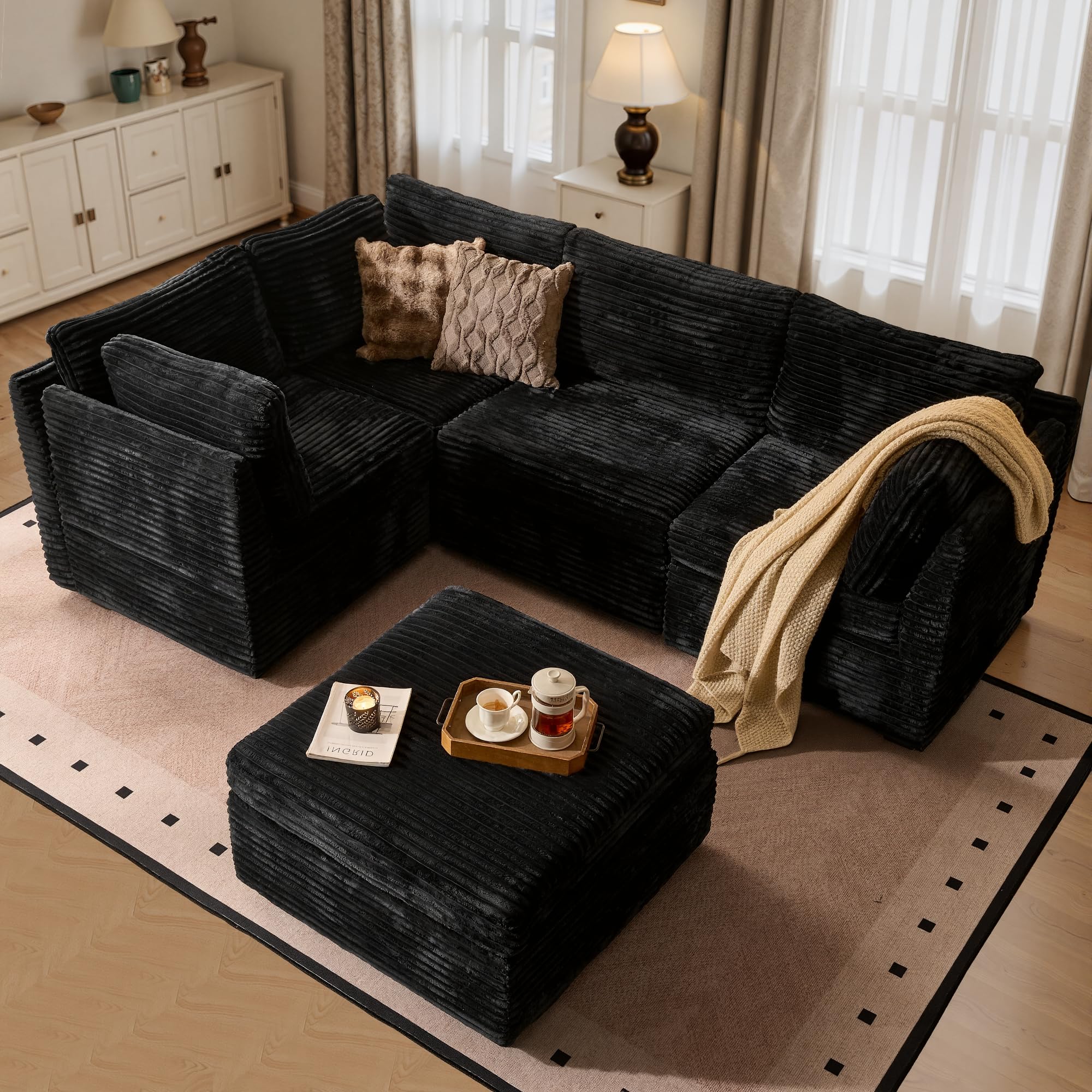 ovios Modular Sectional Sofa Couch with Sofa Bed L-Shape Chaise, Comfy Plush Corduroy Cloud Couches, Modern Deep Seat Sofas Set for Living Room, 5-