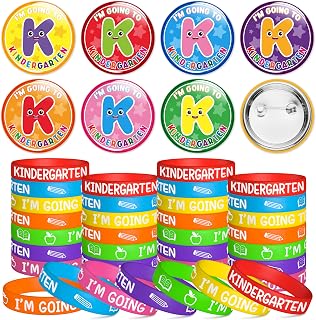 Preschool Graduation Party Favors - 56Pcs I'm Going to Kindergarten Button Pins with Silicone Bracelet Class of 2025 Congrats Grad Rubber Wristband Badges Pins for Kids Ceremony Exchange Reward Gift