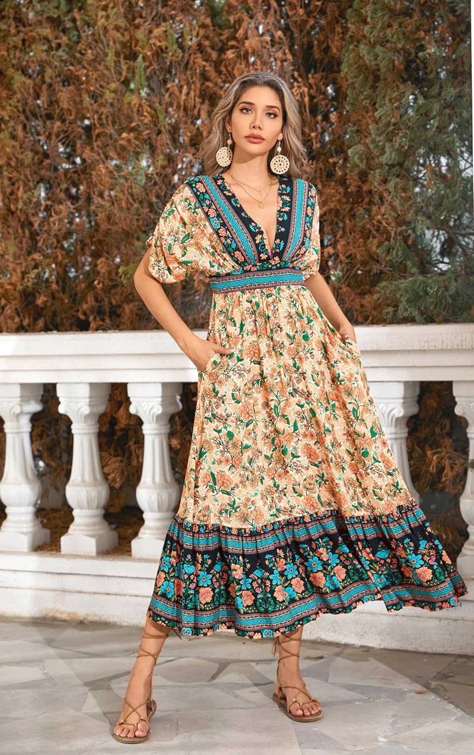 R.Vivimos Women's Summer Boho Floral Print Midi Dress Short Sleeve Deep V Neck Empire Waist Flowy Beach Dress with Pockets - Image 2