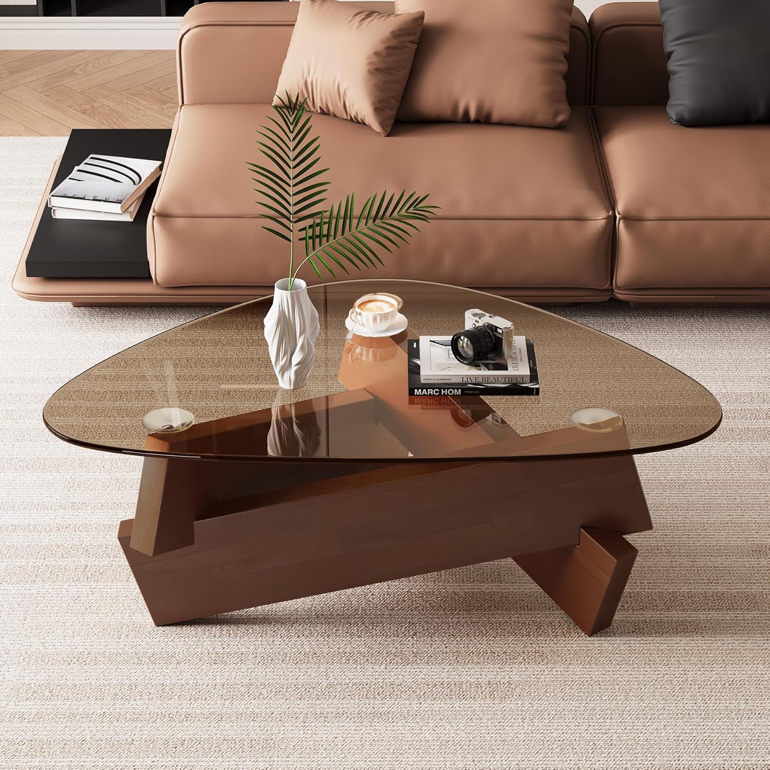 Walnut Triangle Coffee Table 35.5'' x 27.5'' x 15.7'' Modern Mid Century Glass Coffee Table Rustic Brown Solid Wood Center Table Funky Retro Vintage Tea Table for Living Room & Small Space
