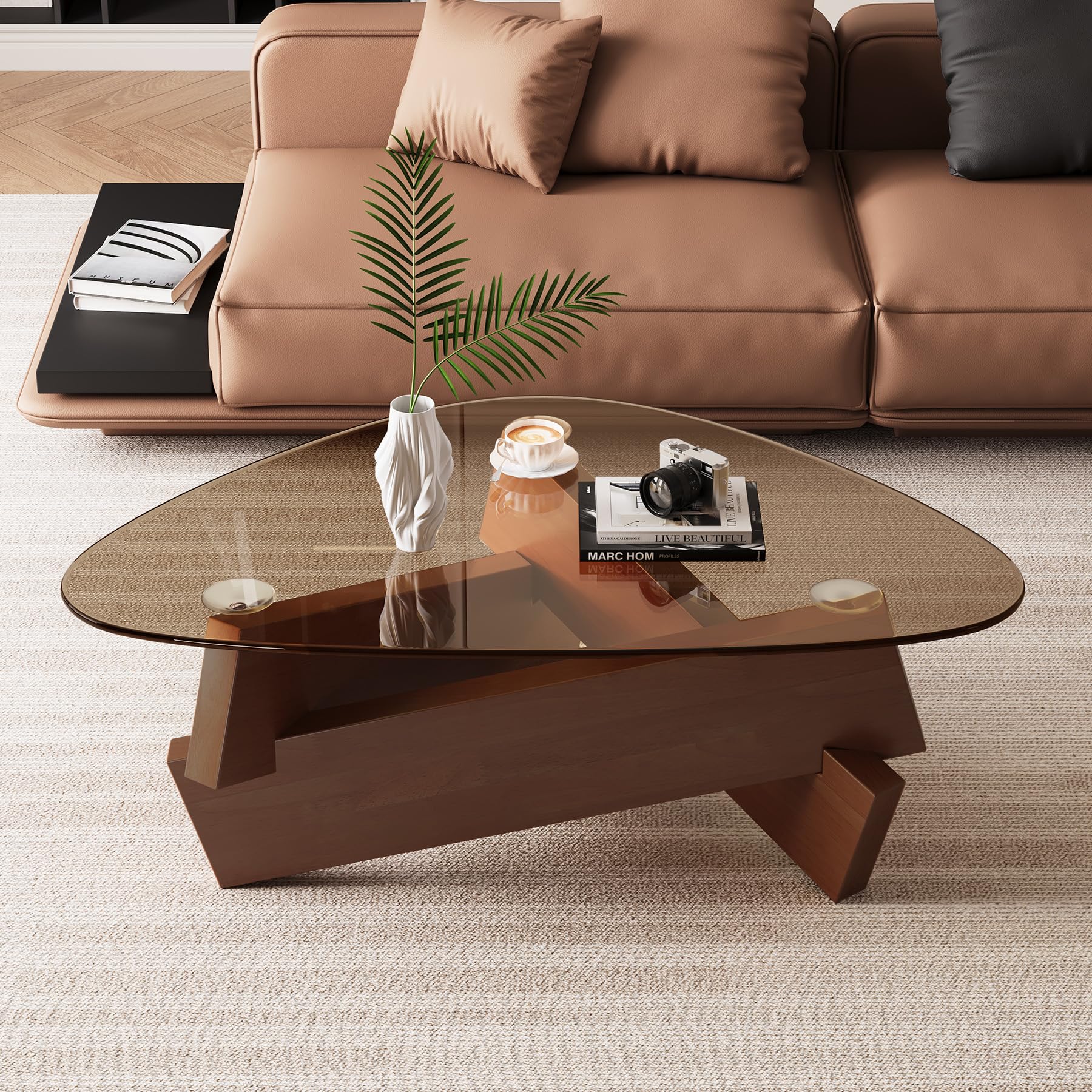 Triangle Glass Coffee Table Brown Rustic Glass Top Coffee Table Retro Modern Living Room Center Table with Solid Wood Legs, 35.5'' x 27.5'' x 15.7'' Cute & Vintage Tea Table for Small Spaces