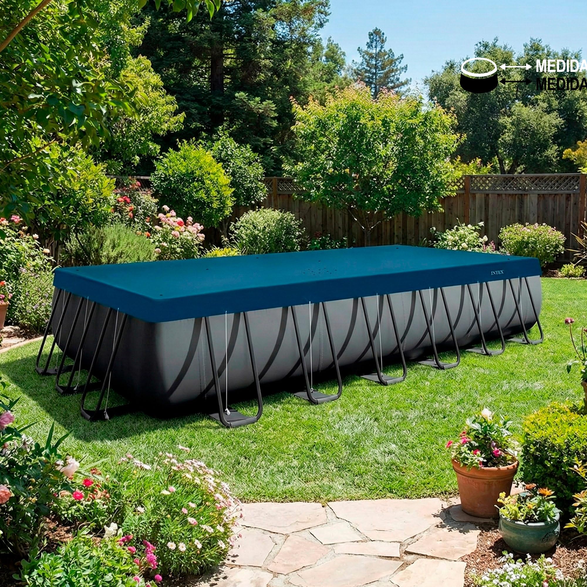 INTEX Poolabdeckung rechteckig für Pools 732x366 cm Ganzjahresplane (28087) | 3-lagiges UV-beständiges PE- Robuste & recycelte Ganzjahresabdeckung mit Halteschnur, hält auch bei windigem Wetter sicher