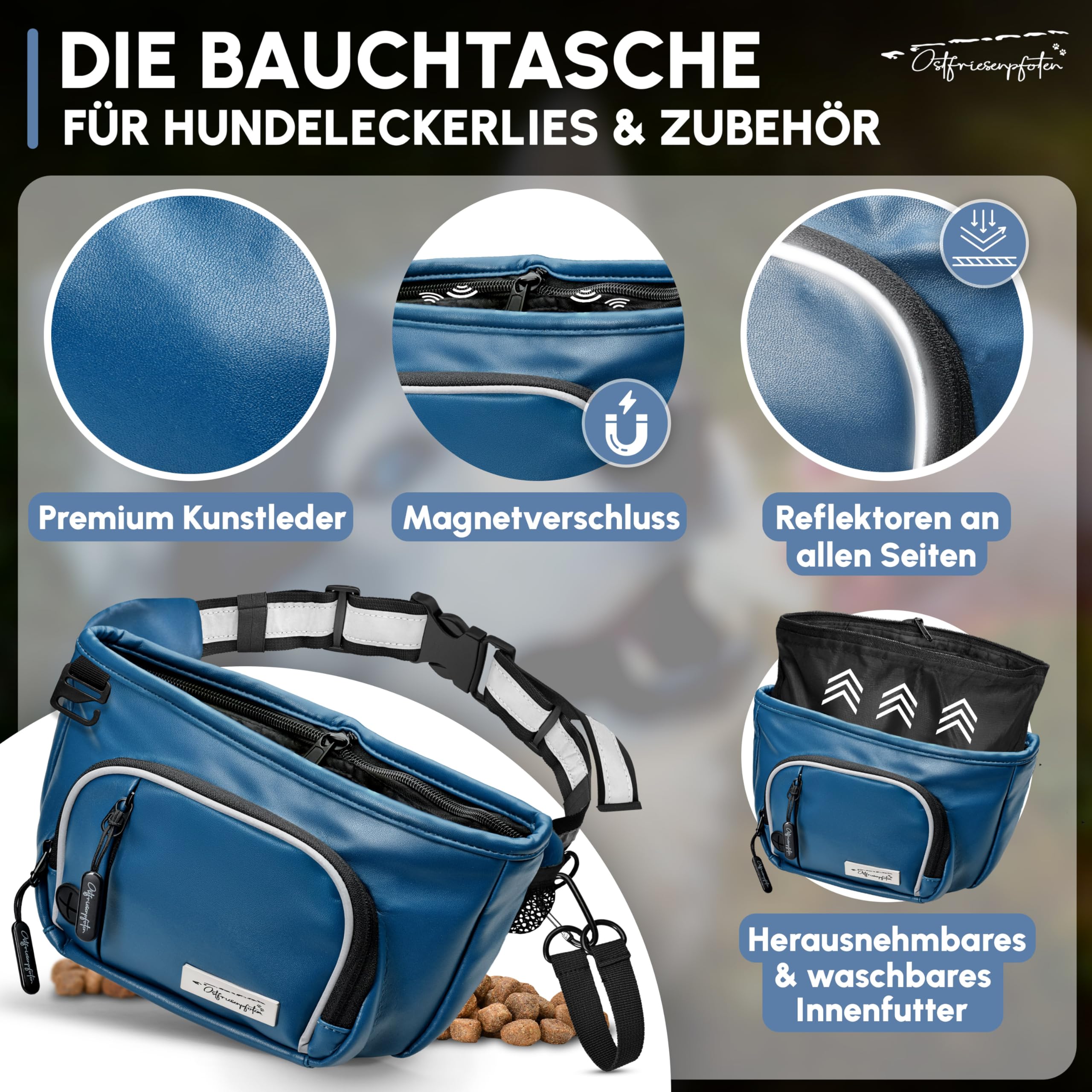 Leckerli-Bauchtasche 'Talea' für Hunde aus Kunstleder mit Einhandmagnetverschluss - Leckerlibeutel inkl. wechselbarem Innenfutter - Bauchtasche für Hundezubehör - Dunkelblau