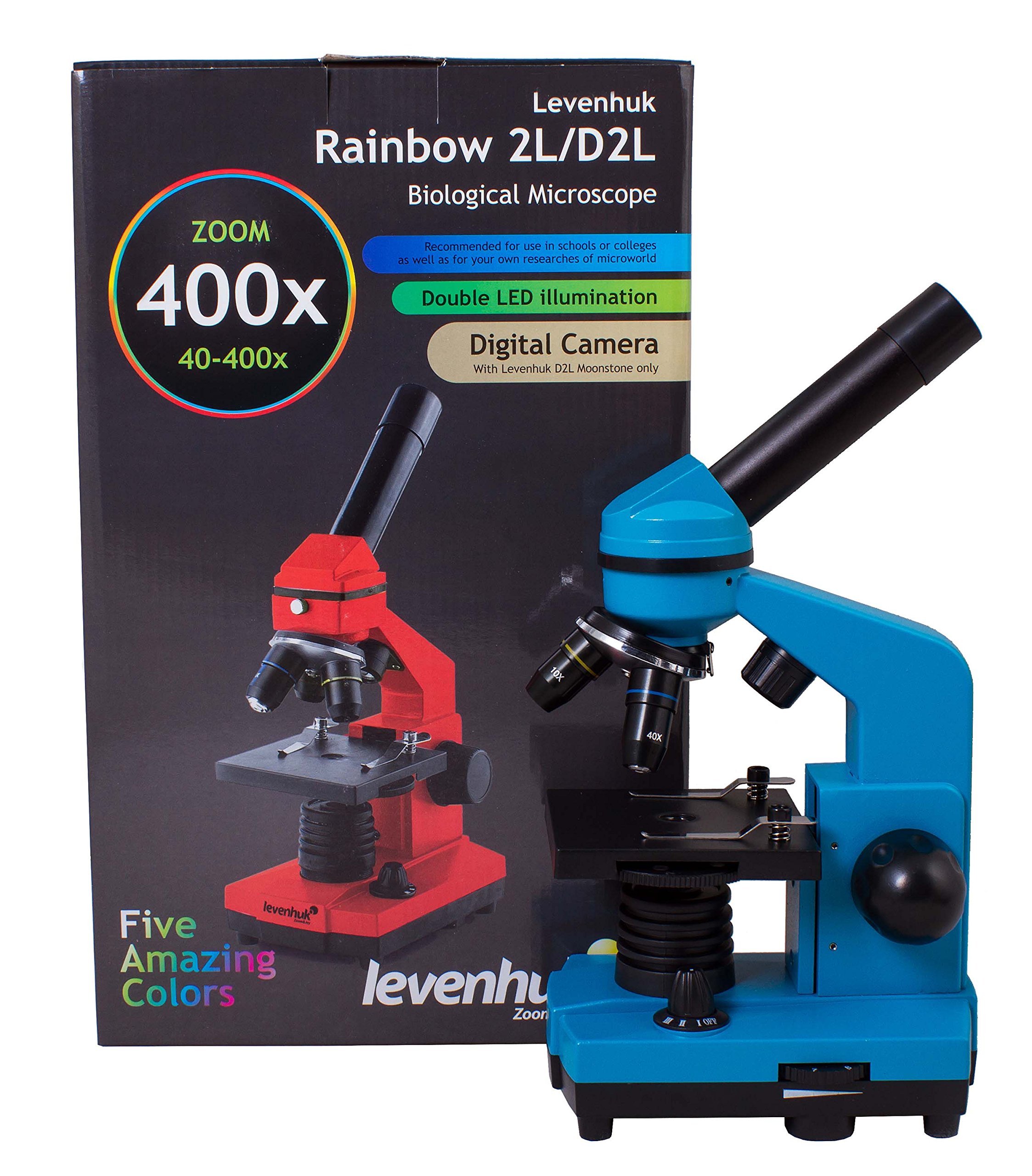 Levenhuk Rainbow 2L Azure Kids Home Lab STEM Kit with 400x Portable Biological Microscope, Full-Colour Illustrated Experiment Guide, Prepared Samples and Scientific Tools, Blue (en)