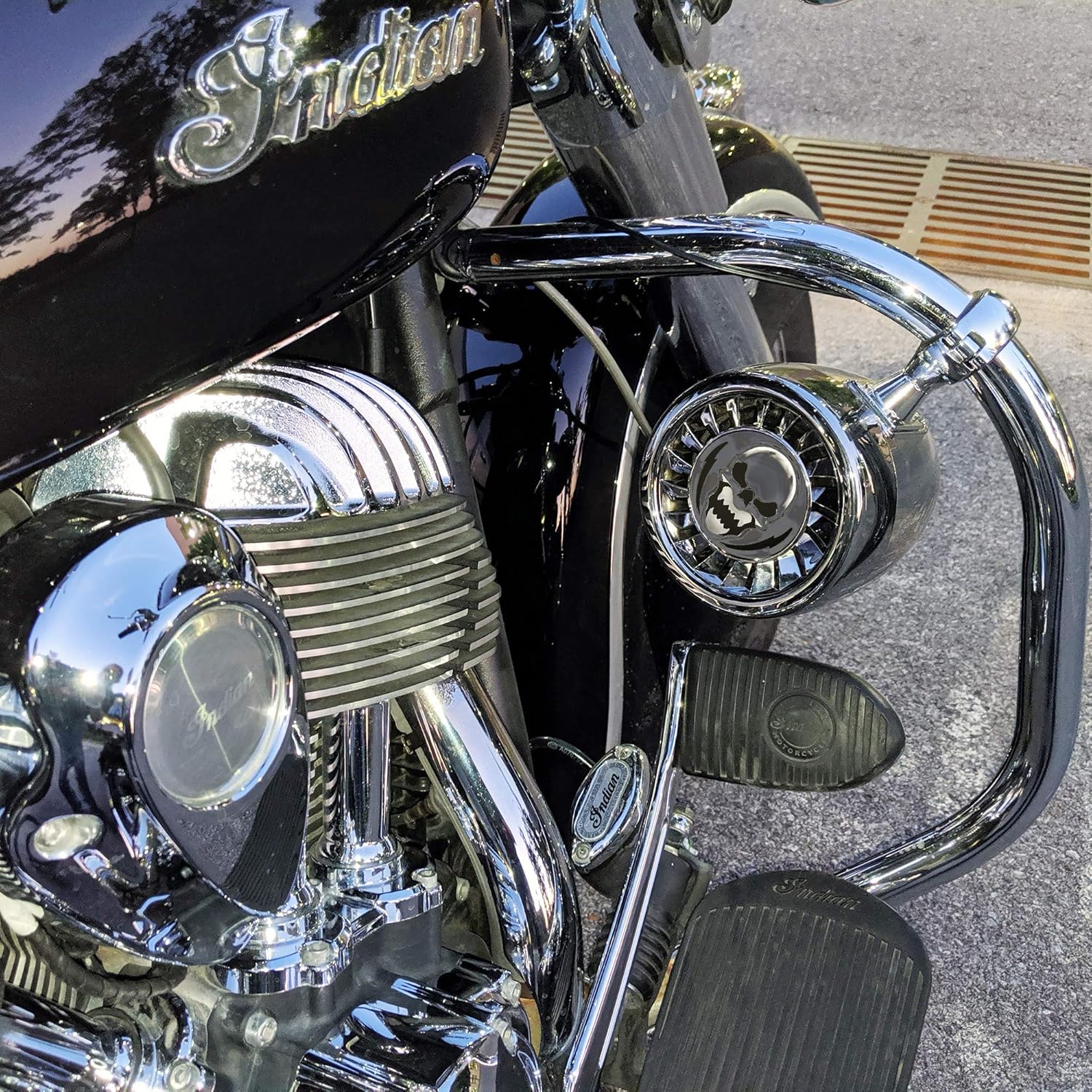 GoHawk AS5-X Gen.3 speakers mounted on a motorcycle crash bar.