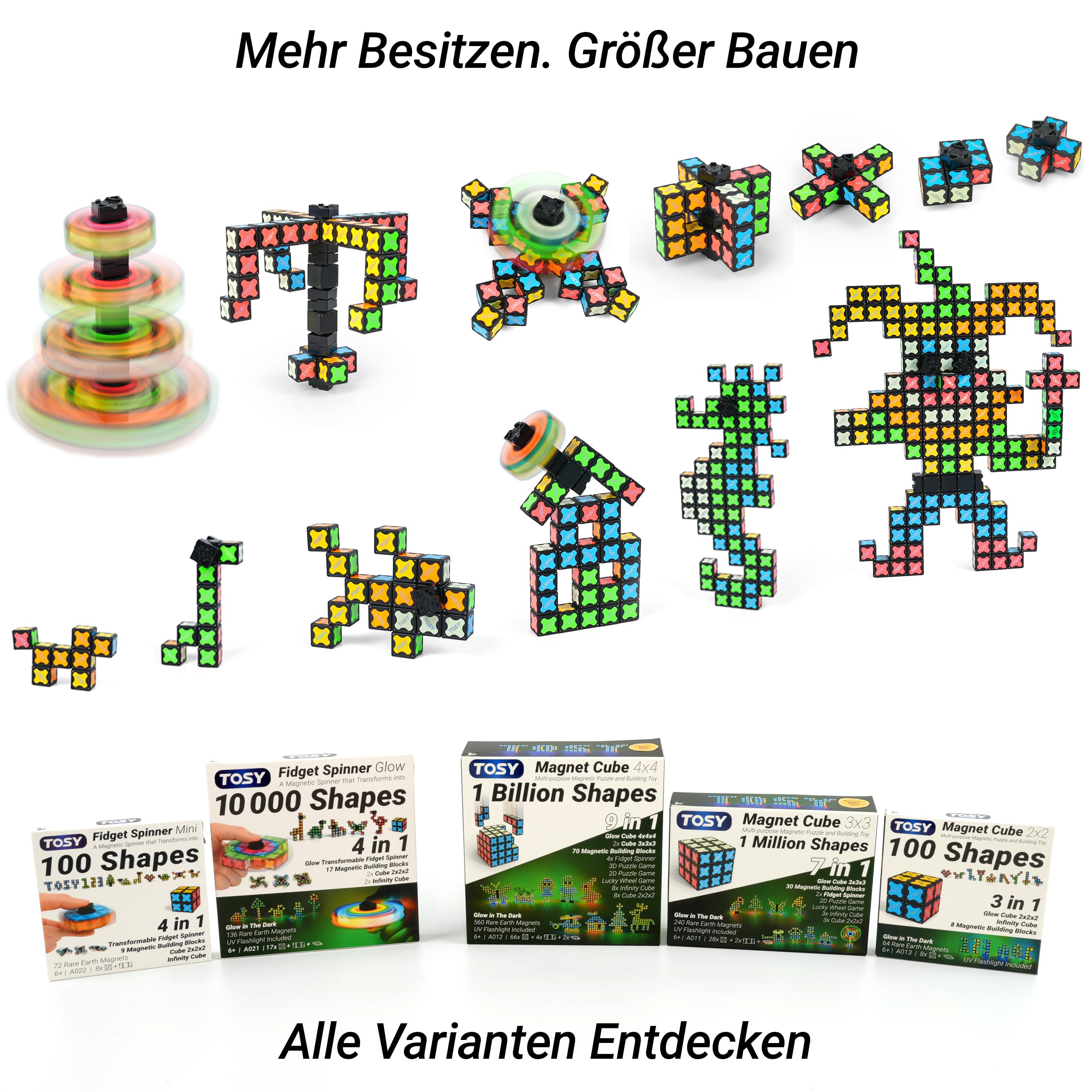 TOSY Magnet Cube 3x3 – 240 Magnete, 30 Bausteine, 7-in-1: Puzzlewürfel, kreative Bausteine, verwandelbarer Fidget-Spinner, Infinity-Würfel, UV-Taschenlampe, leuchtendes STEM/STEAM-Spielzeug