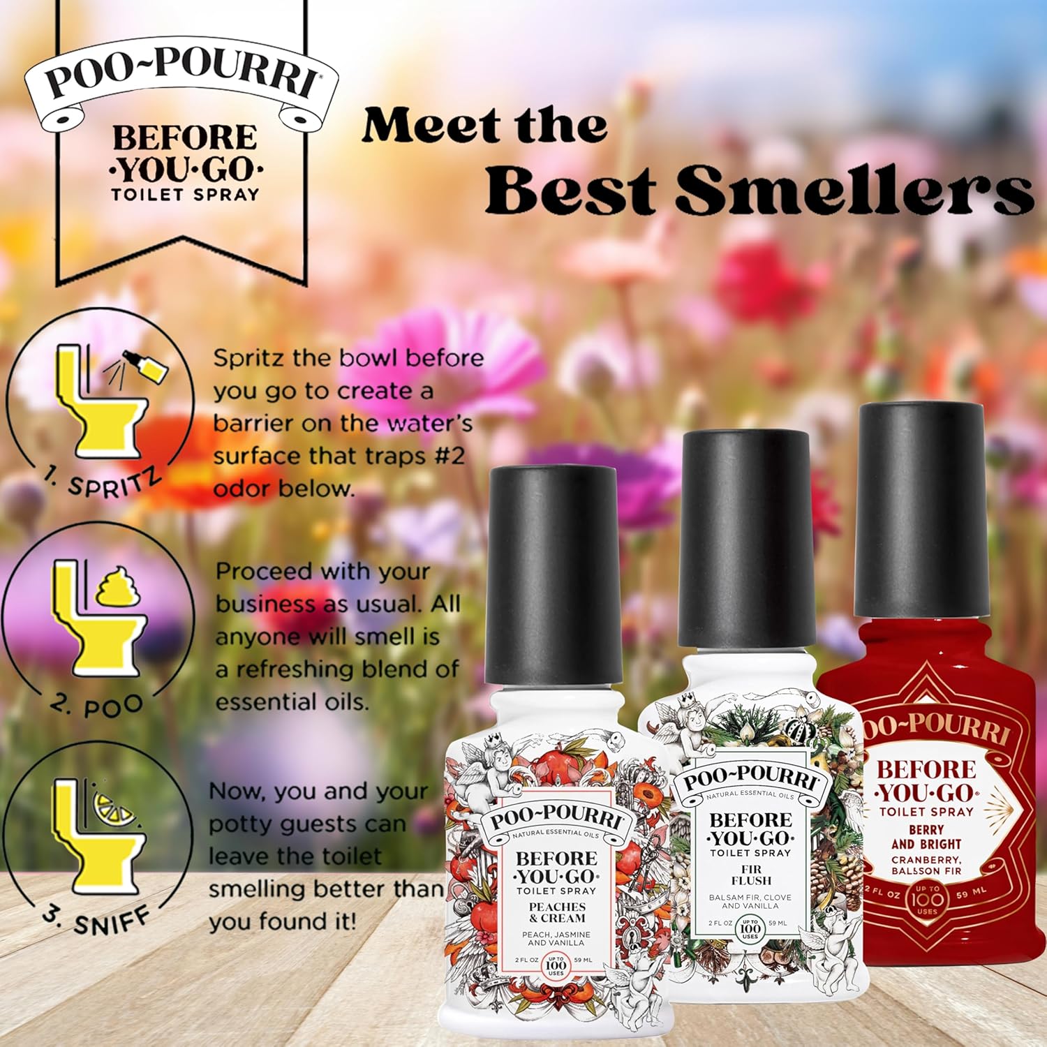 Poo-Pourri Before-You-Go Toilet Spray, Spring 2 Oz Variety Pack– Apple Bottom, Peaches & Cream, and Fir Flush